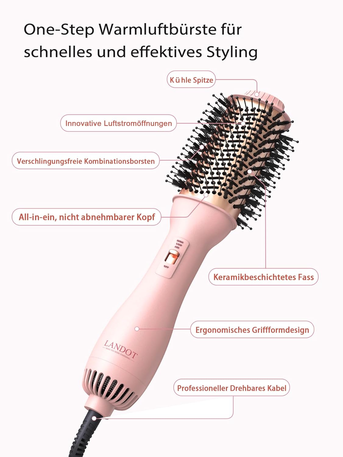 Thumbnail 6 de LANDOT Föhnbürste & Warmluftbürste 2-in-1 mit Keramik & Negativ-Ionen für Glanz