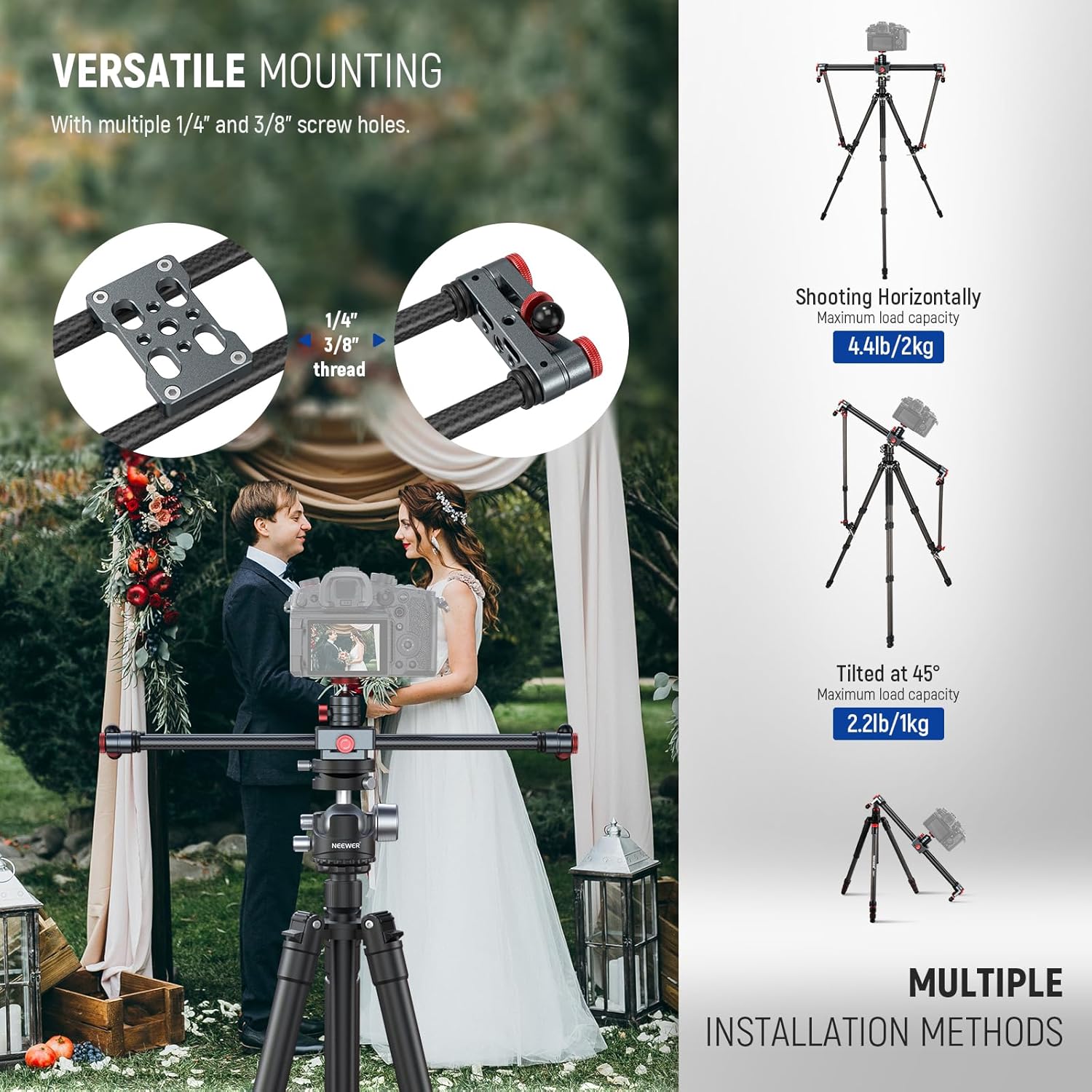 Thumbnail 5 de NEEWER 40 cm Kohlefaser Kamera-Slider Dolly Slider Schiene mit 360° Kugelkopf, Smartphone- und Action-Kamera-Halterung (CS1M)