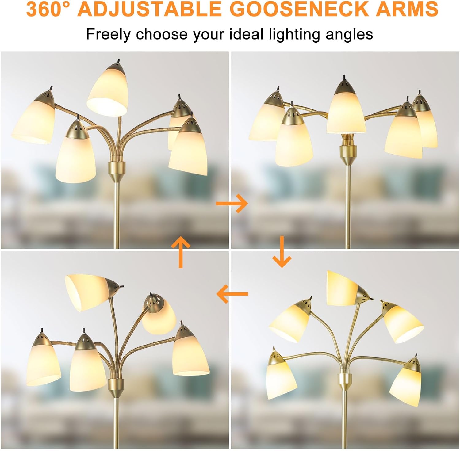 Detalle de 5 Way LED Floor Lamp | Modern Gold Tree with 10 Shades (5 White, 5 Colourful)