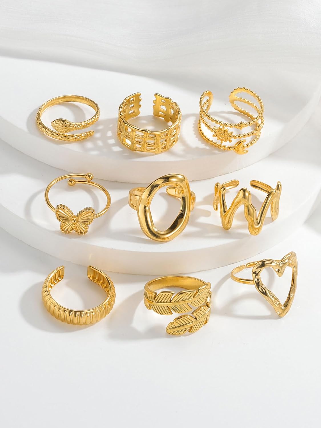 Detalle de TIZU 9-teiliges Damen-Ring-Set „Gold“ aus Edelstahl, 18K Goldplattierung, verstellbar & wasserfest