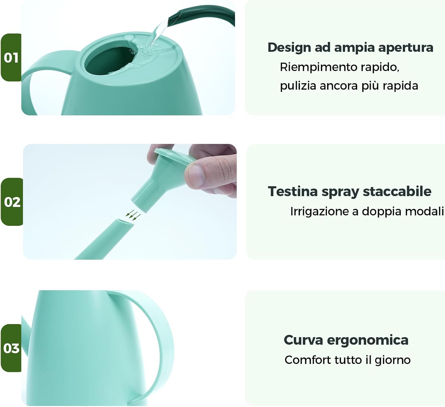 Detalle de Bamworld Annaffiatoio per Piante da Interno con Beccuccio Lungo 1,8 L – 3 colori, design ergonomico