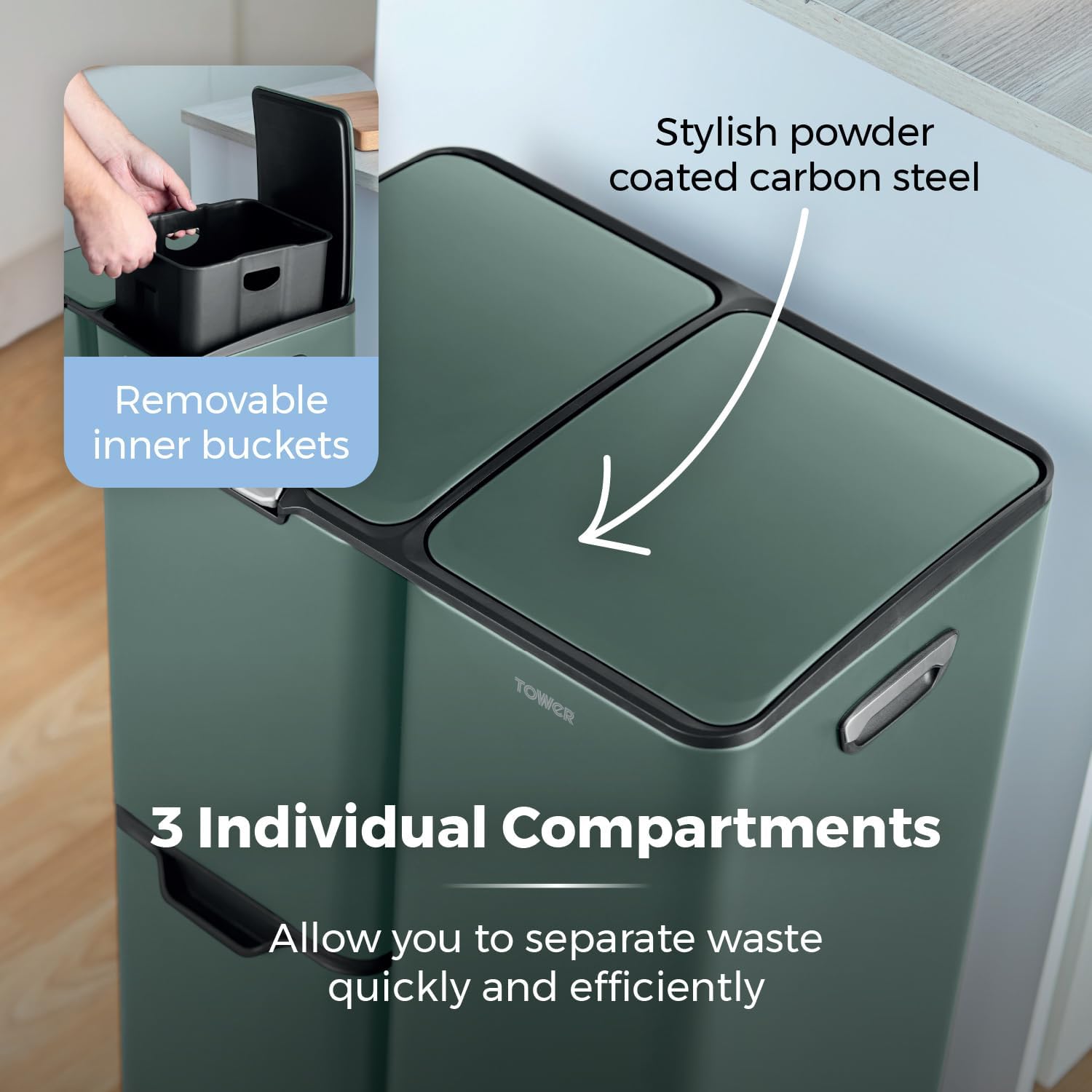 Thumbnail 4 de Tower Recycling Pedal Bin, 60L, Forest Green – Three Compartments with Removable Inner Buckets (T838024FOR)