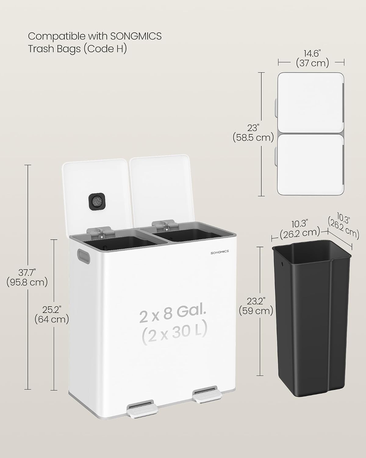 Detalle 2 de SONGMICS Double Trash Can, 2 x 8 Gallon