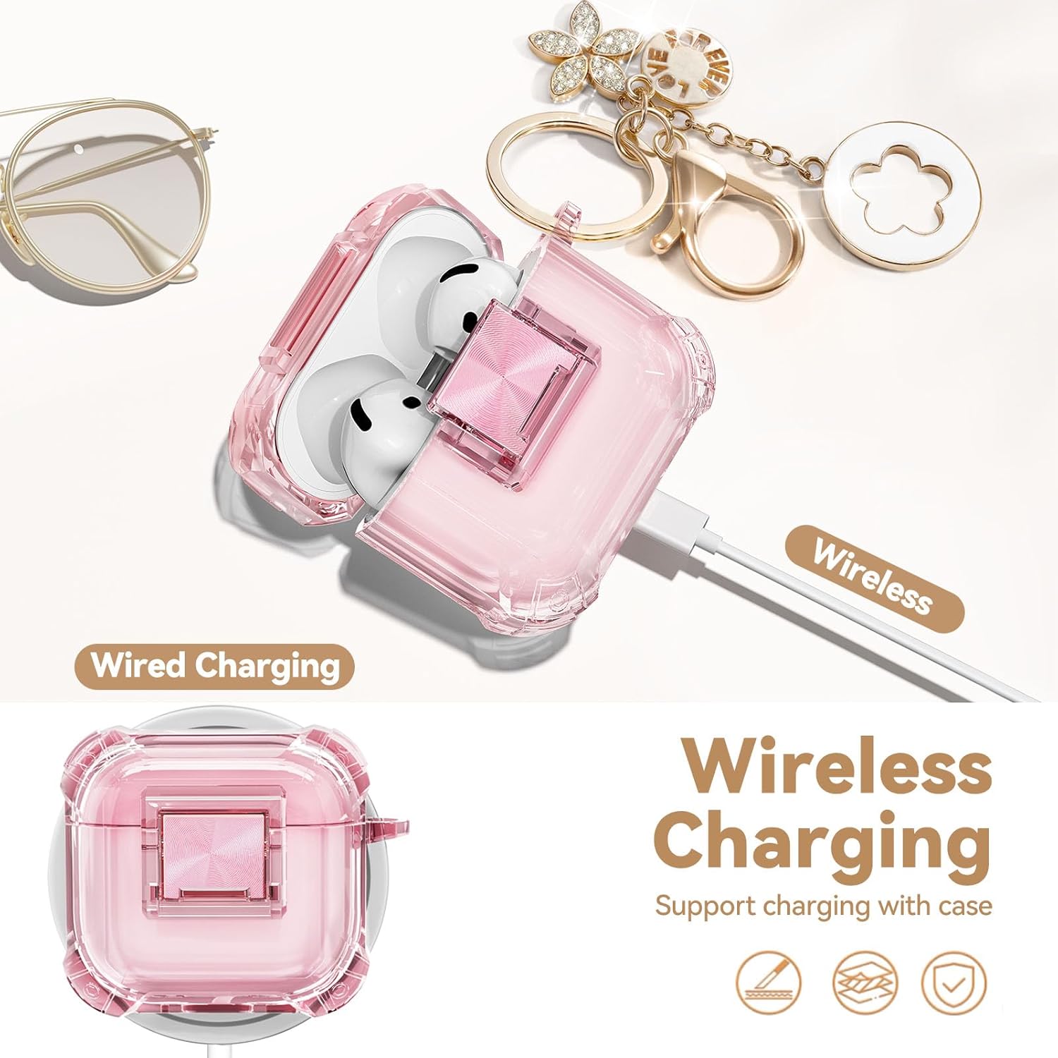 Thumbnail 3 de Wowwat AirPods 4 Case with Safety Lock, Clear Soft TPU Cover + Keychain & Cleaning Kit (Clear Pink)