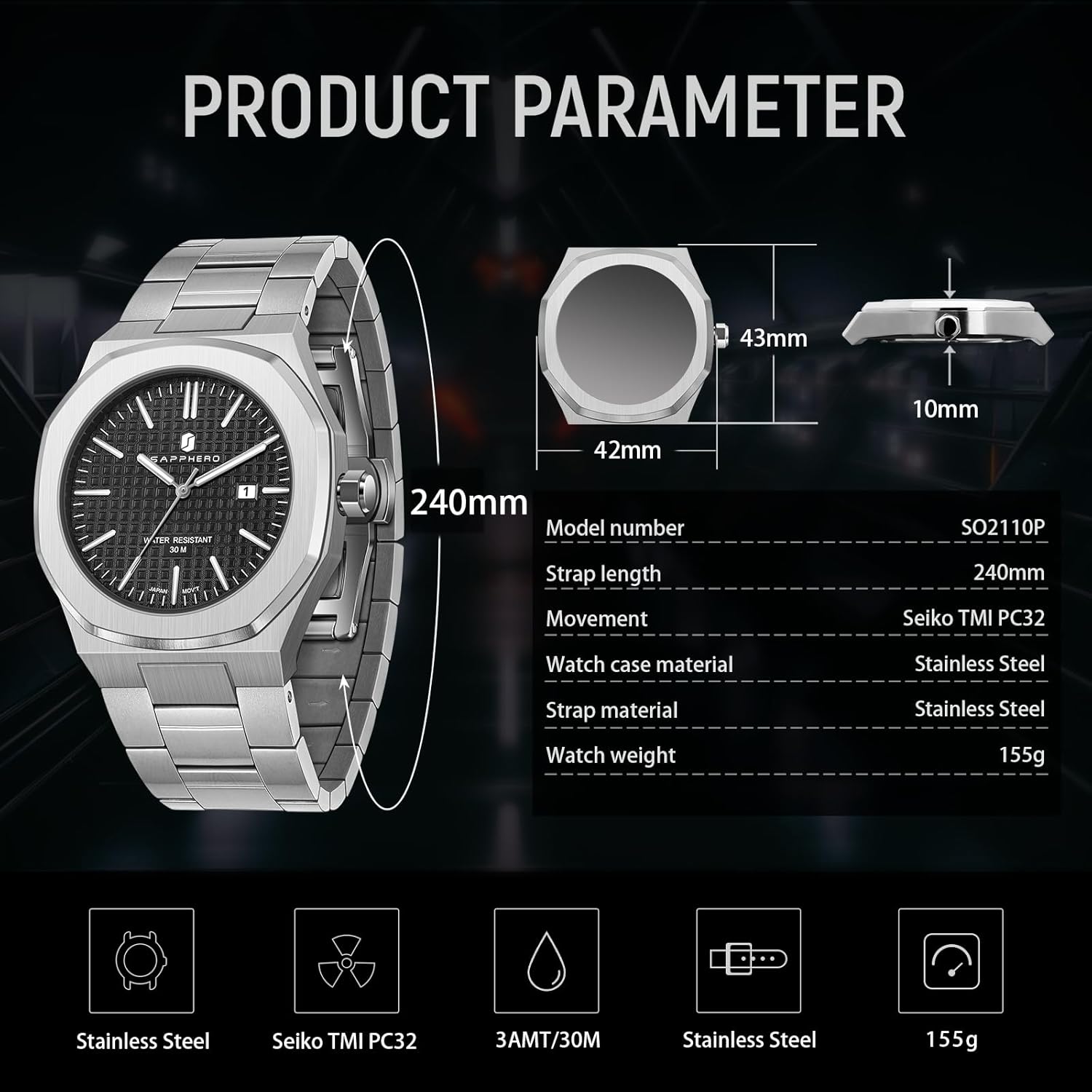 Thumbnail 4 de SAPPHERO Orologio da Uomo Impermeabile 50M in Acciaio Inox, Quarzo Miyota, 42 mm, Cinturino Acciaio, Data Calendario Nero Blu