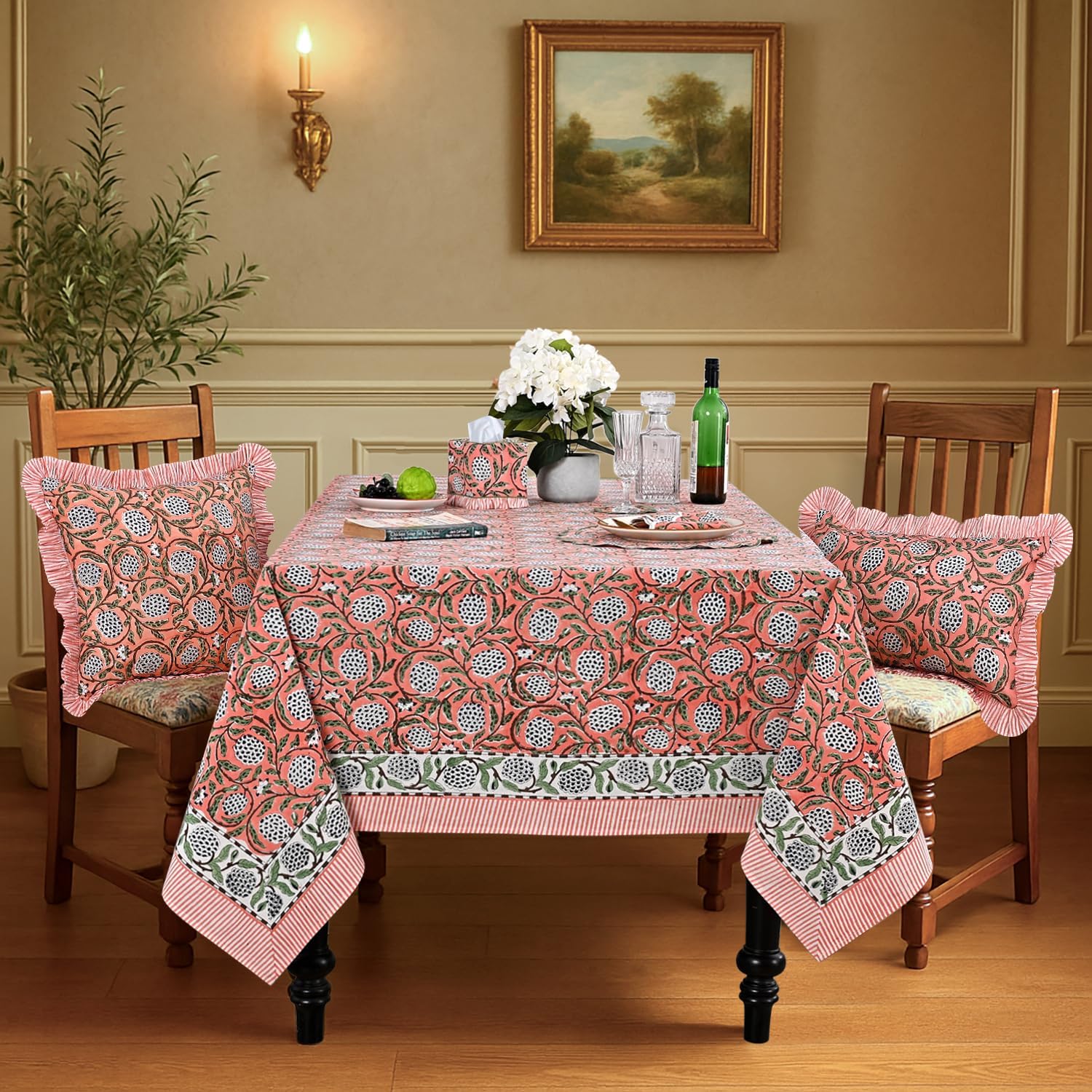 Detalle 2 de Ridhi Dark Salmon Pink Hand Block Print Cotton Tablecloth 60" x 60