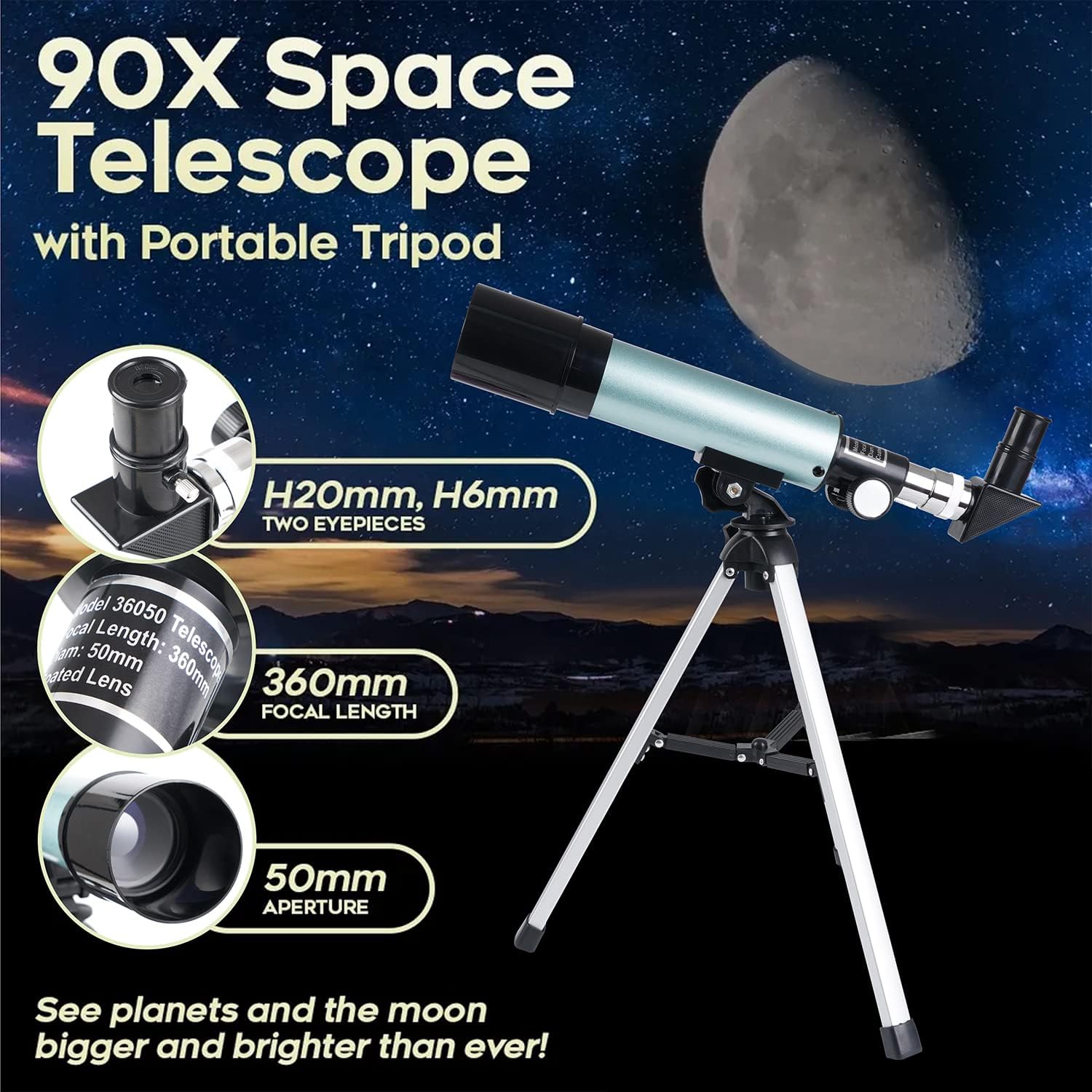 Detalle de Mijiao Telescopio astronomico per bambini 360/50 mm con zoom fino a 90X e treppiede regolabile