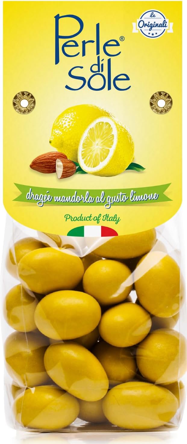 Detalle de Perle di Sole – Confetti Dragées Mandorla al Limone, 150 g: mandorle tostate ricoperte di cioccolato bianco al limone, senza glutine