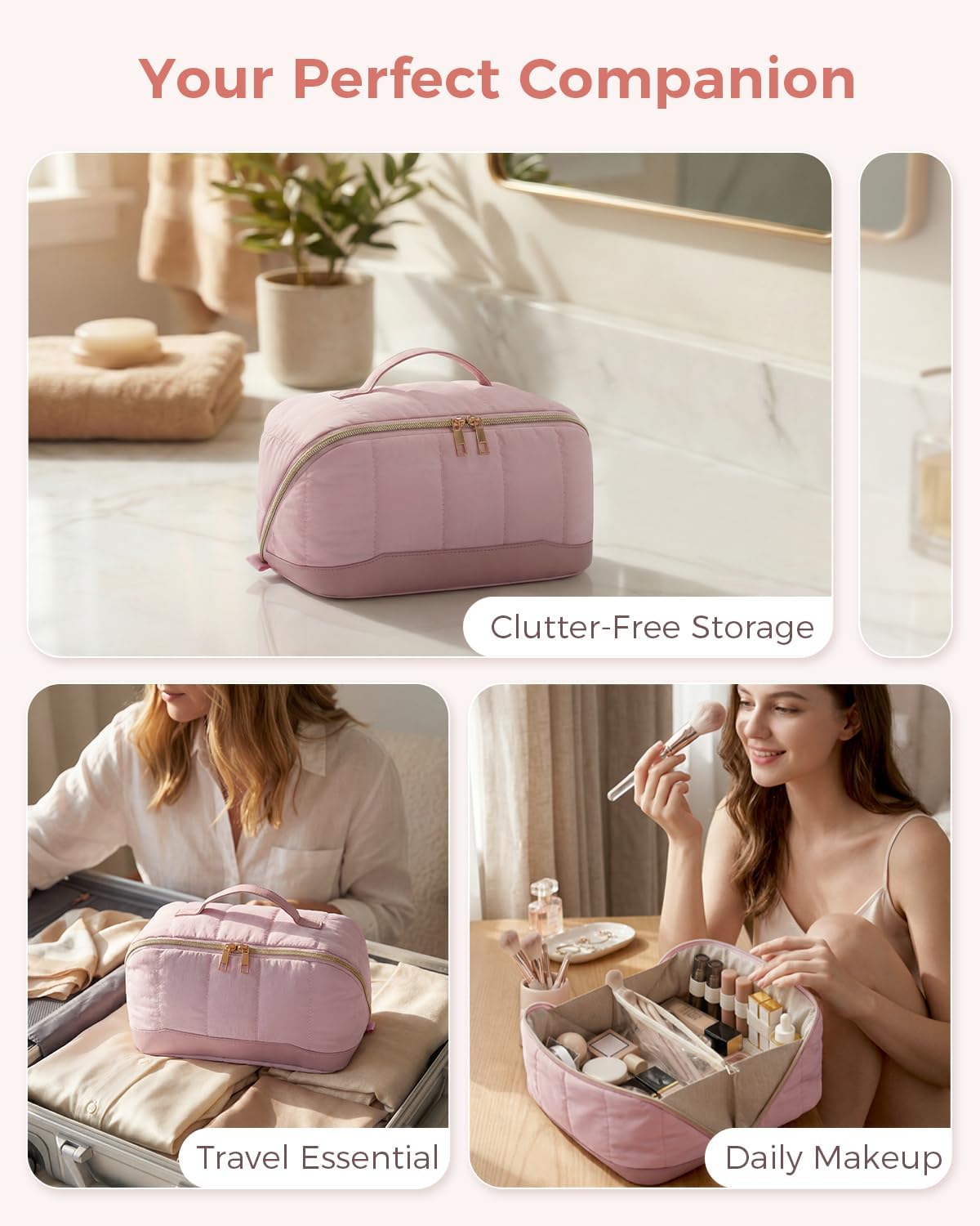 Thumbnail 6 de Travel Makeup Bag Large Quilted Cosmetic Organizer with Brush Compartments & Handle (Pink) – Wide-Open Toiletry Bag