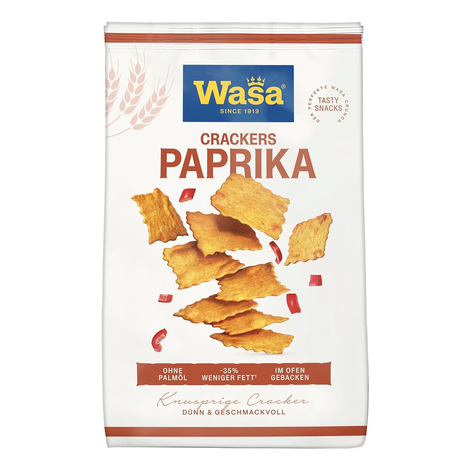 Detalle de Wasa Tasty Snacks Paprika Crackers 5x150g – knusprige Knäcke-Cracker mit Paprika