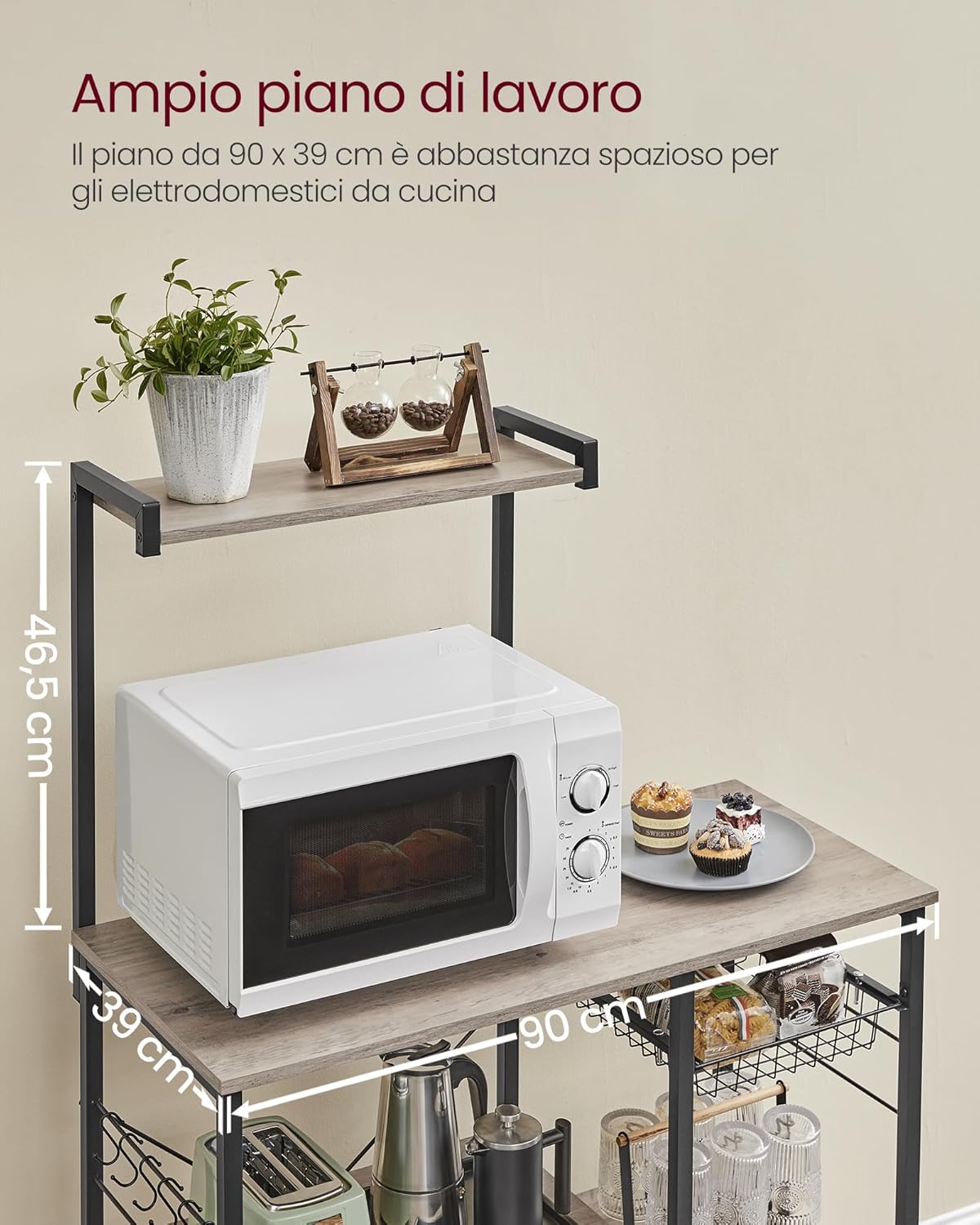 Thumbnail 3 de VASAGLE KKS035B02 Scaffale da cucina mobile con supporto microonde, cestino e 6 ganci Greige/Nero