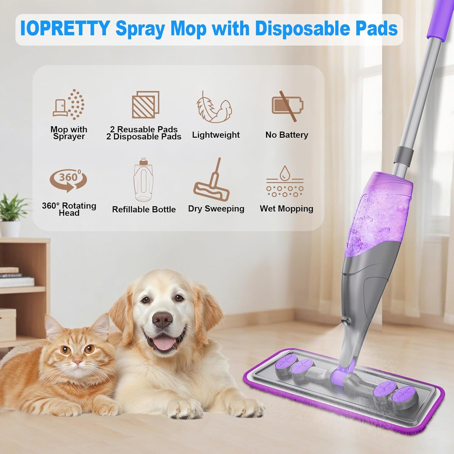 Detalle de IOPRETTY Spray Mop for Floor Cleaning — Wet/Dry Mop with Reusable & Disposable Pads