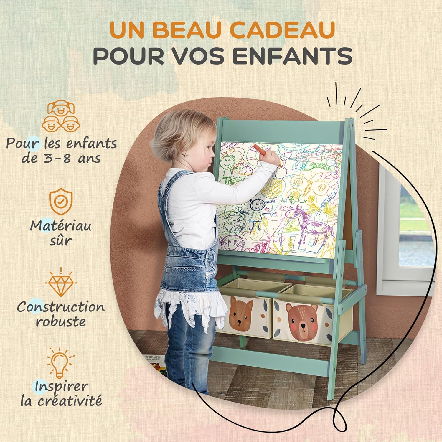 Thumbnail 4 de AIYAPLAY Tableau chevalet enfant ardoise double face – 54 x 46,5 x 93 cm vert, 2 paniers