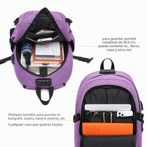 Detalle de WENIG Mochila Portátil para Mujer 15.6" — Impermeable, Antirrobo y USB, color Púrpura