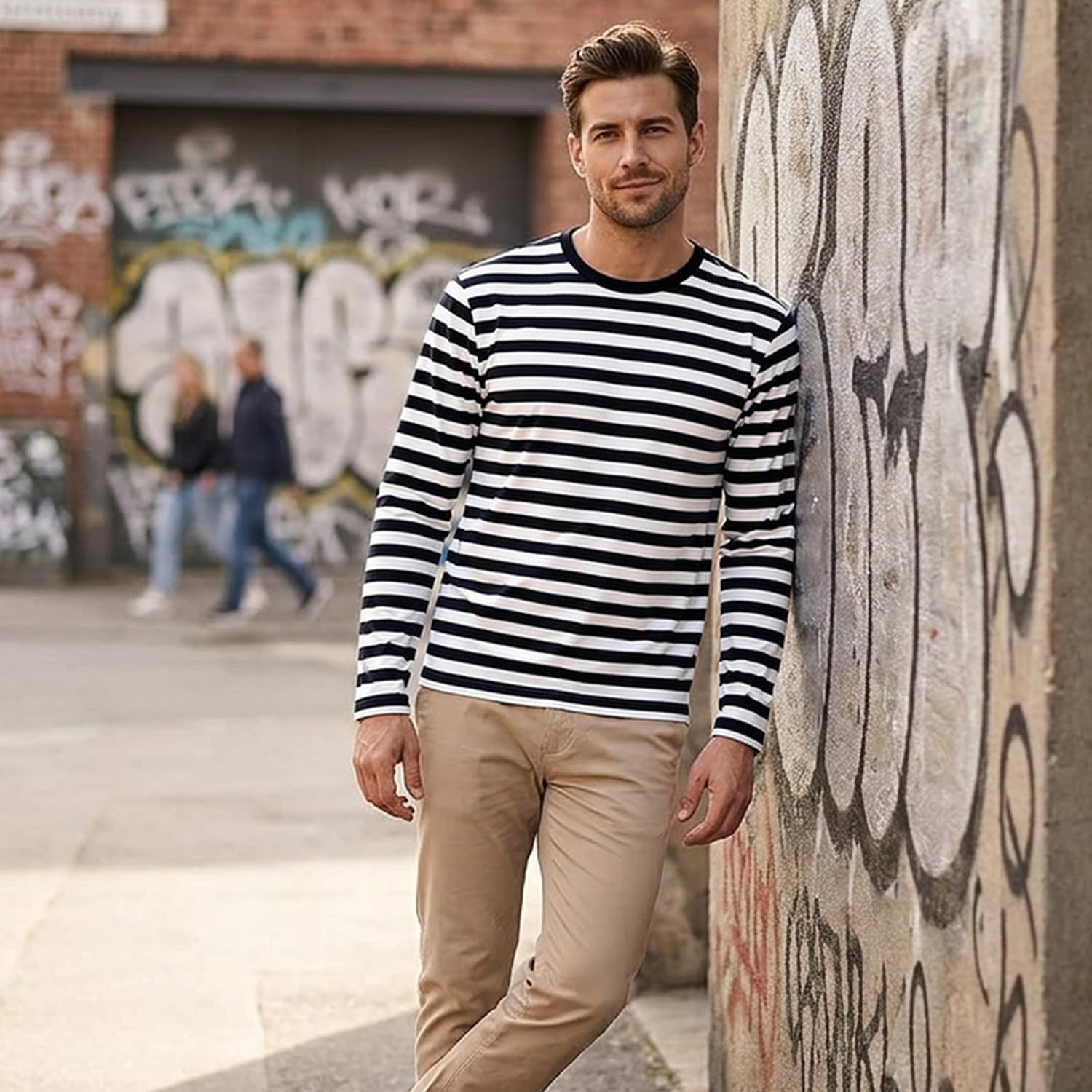 Detalle 2 de LEDING Black and White Striped Long-Sleeve T-Shirt, Cotton-Spandex Crewneck