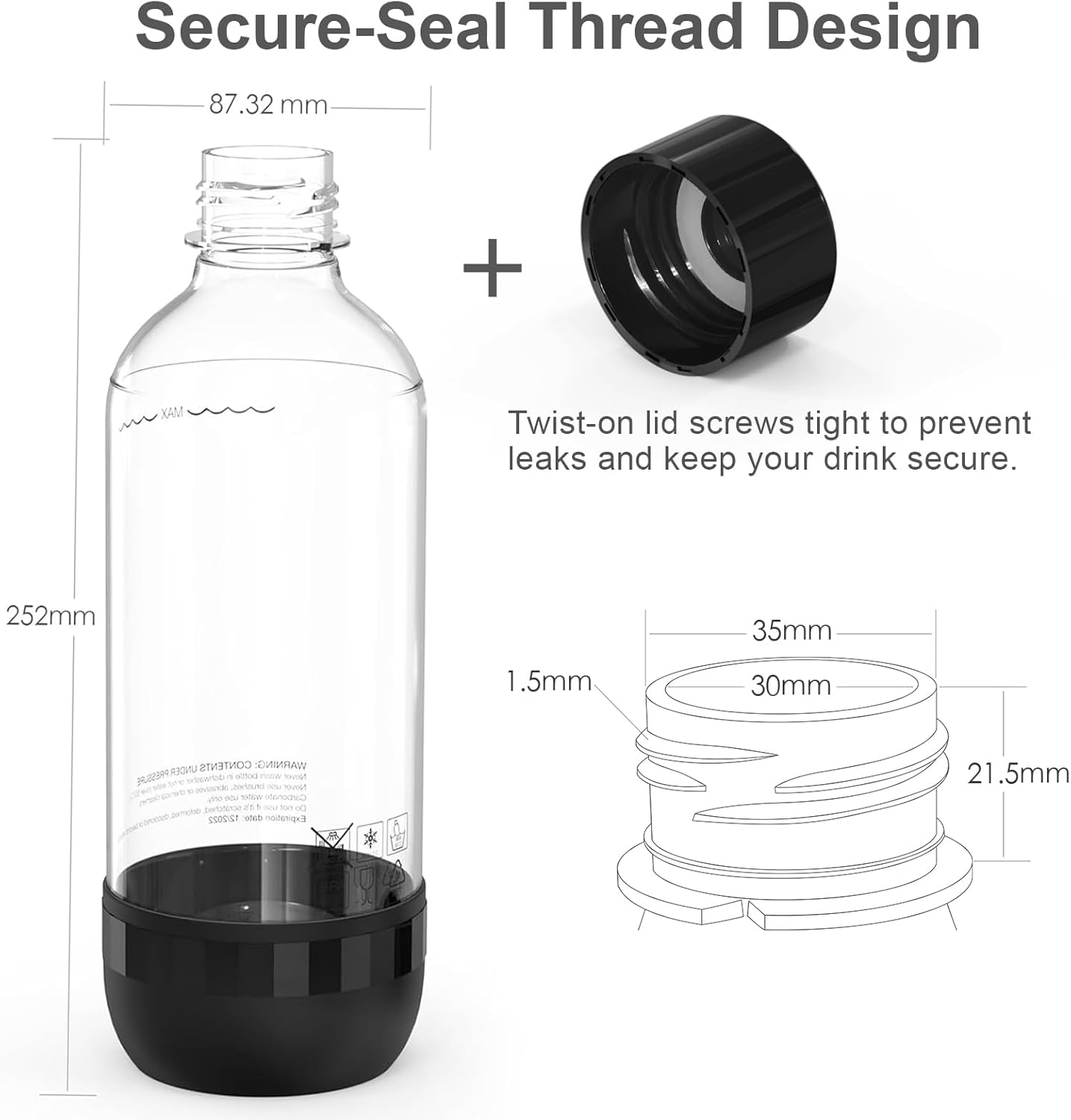 Thumbnail 1 de SunnyOcean lot de 2 bouteilles à soda réutilisables 1 L, PET sans BPA (noir) pour machine à soda