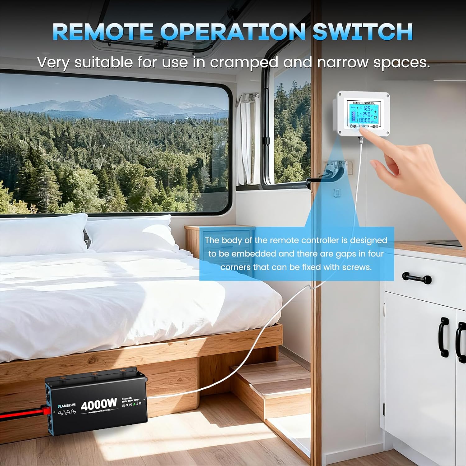 Detalle de Pure sine wave inverter 4000W/8000W (12V to 240V) with LCD wired remote, AC outlets and USB-A/USB-C