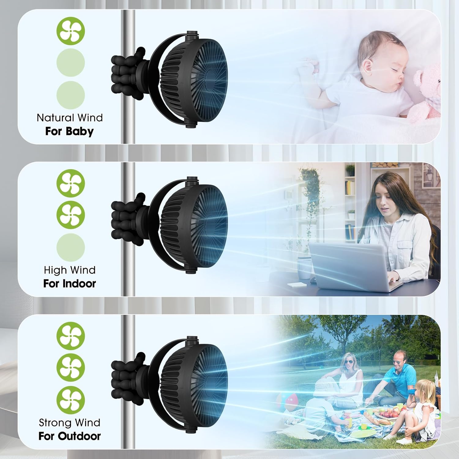 Thumbnail 5 de POPERFUN Portable Pram Fan – Rechargeable Clip-On Stroller Fan with 360° Rotation