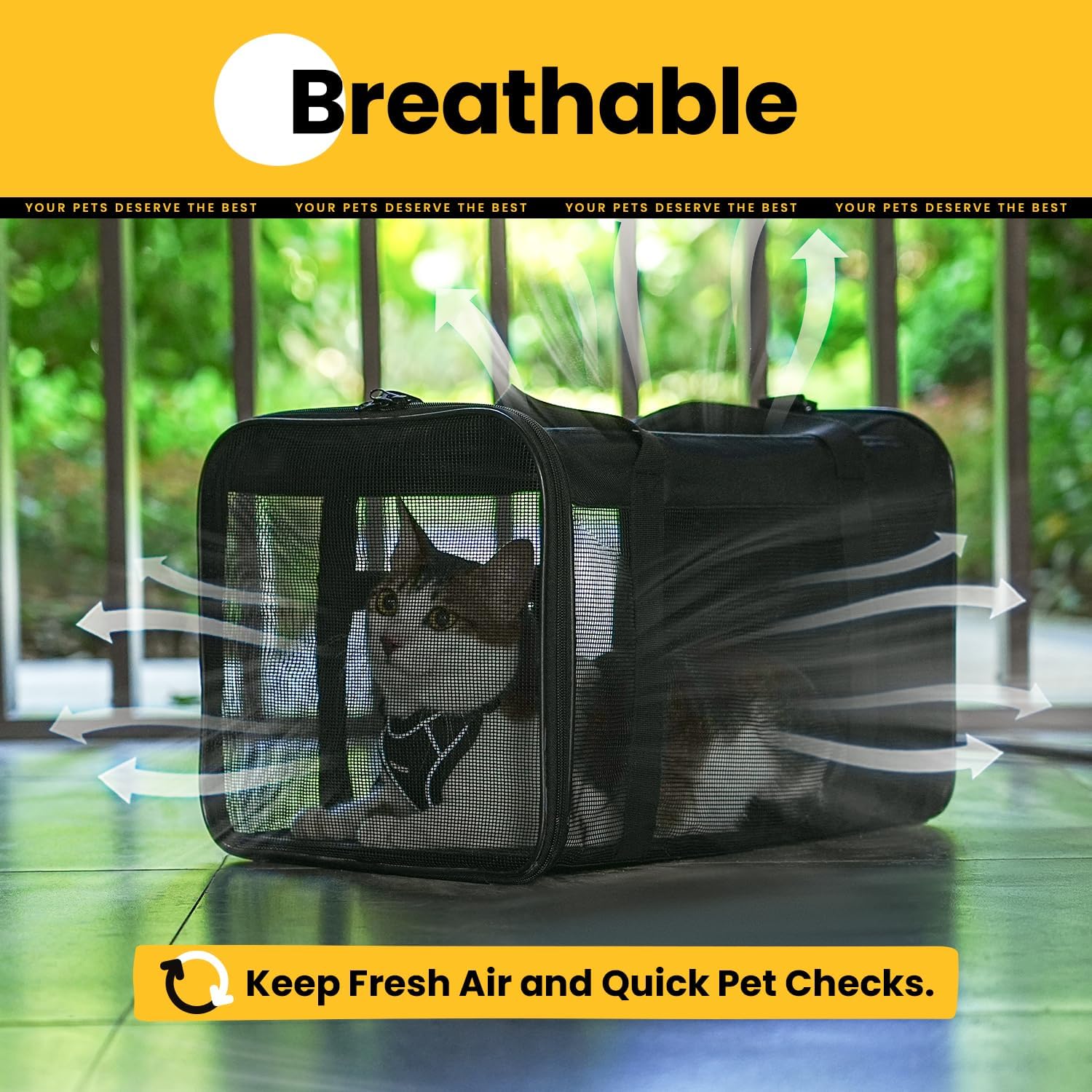 Detalle de Conlun Katzentransportbox faltbar (Weiche Transporttasche) mit 4-seitigem Netz – bis 6 kg, 43 × 28 × 28 cm, Schwarz