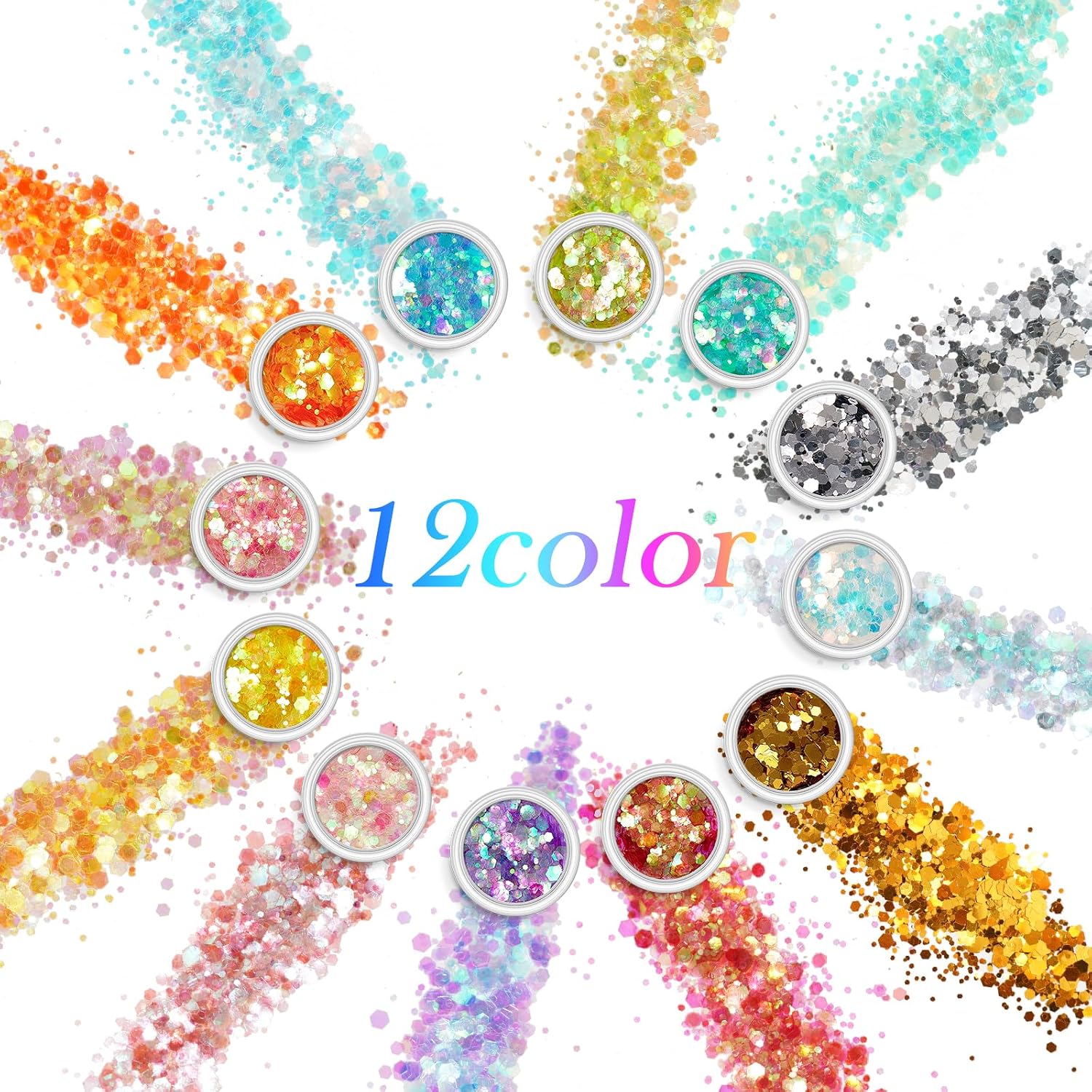 Detalle de AOOWU Paillettes Unghie: kit polvere glitterata olografica con 12 colori per DIY viso, corpo e manicure