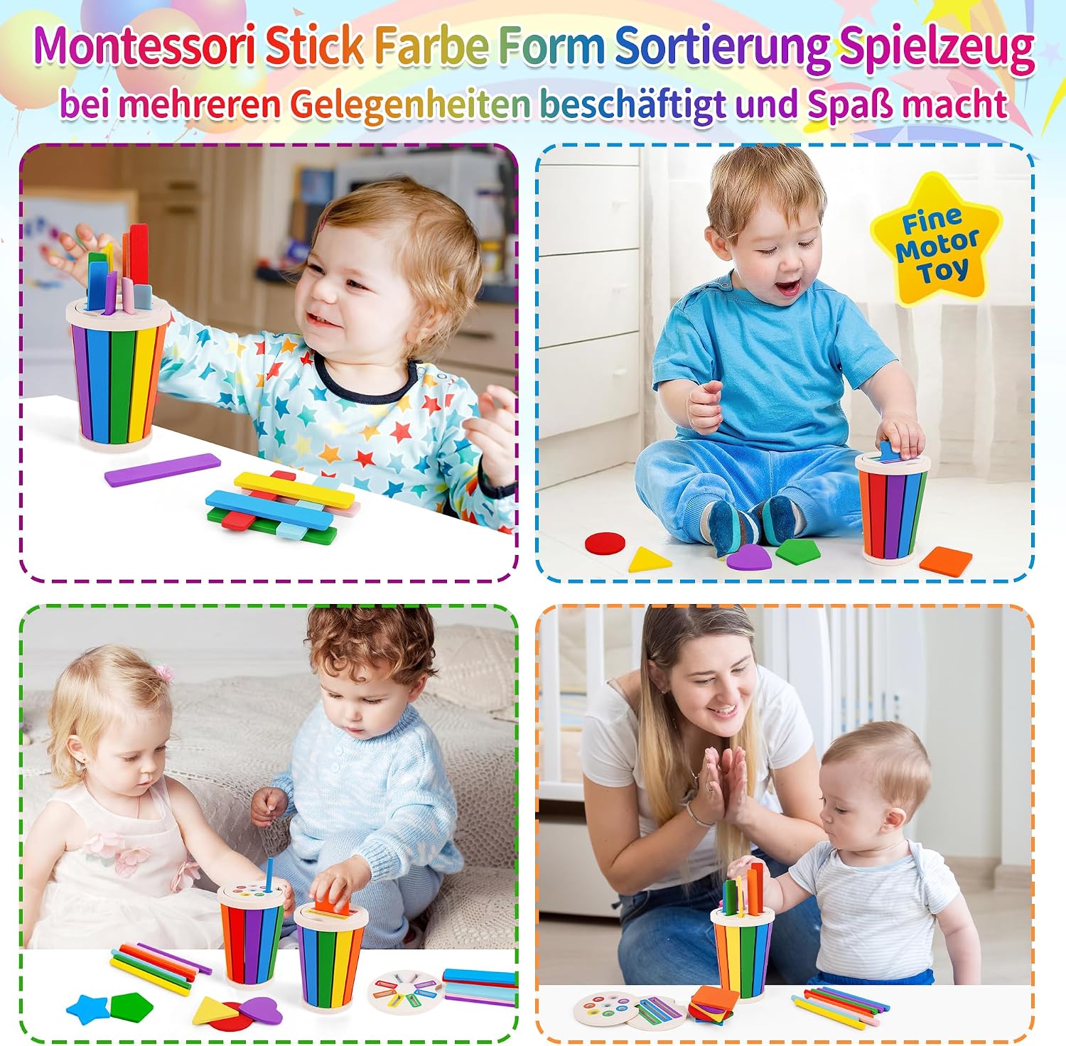 Detalle 2 de FCSONU Montessori Steckspiel Regenbogenfarben & Formen (34-teilig) ab 1–3 Jahren