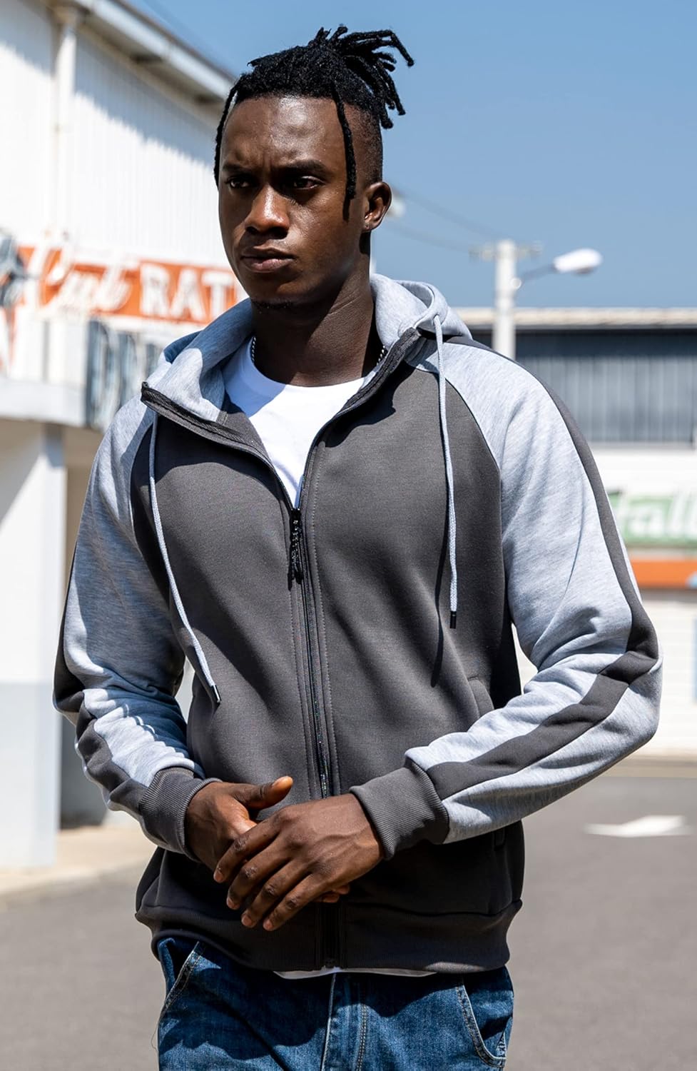 Detalle de Wirltte Men's Patchwork Zip Up Hoodie with Fleece – Winter Warm Hooded Jacket
