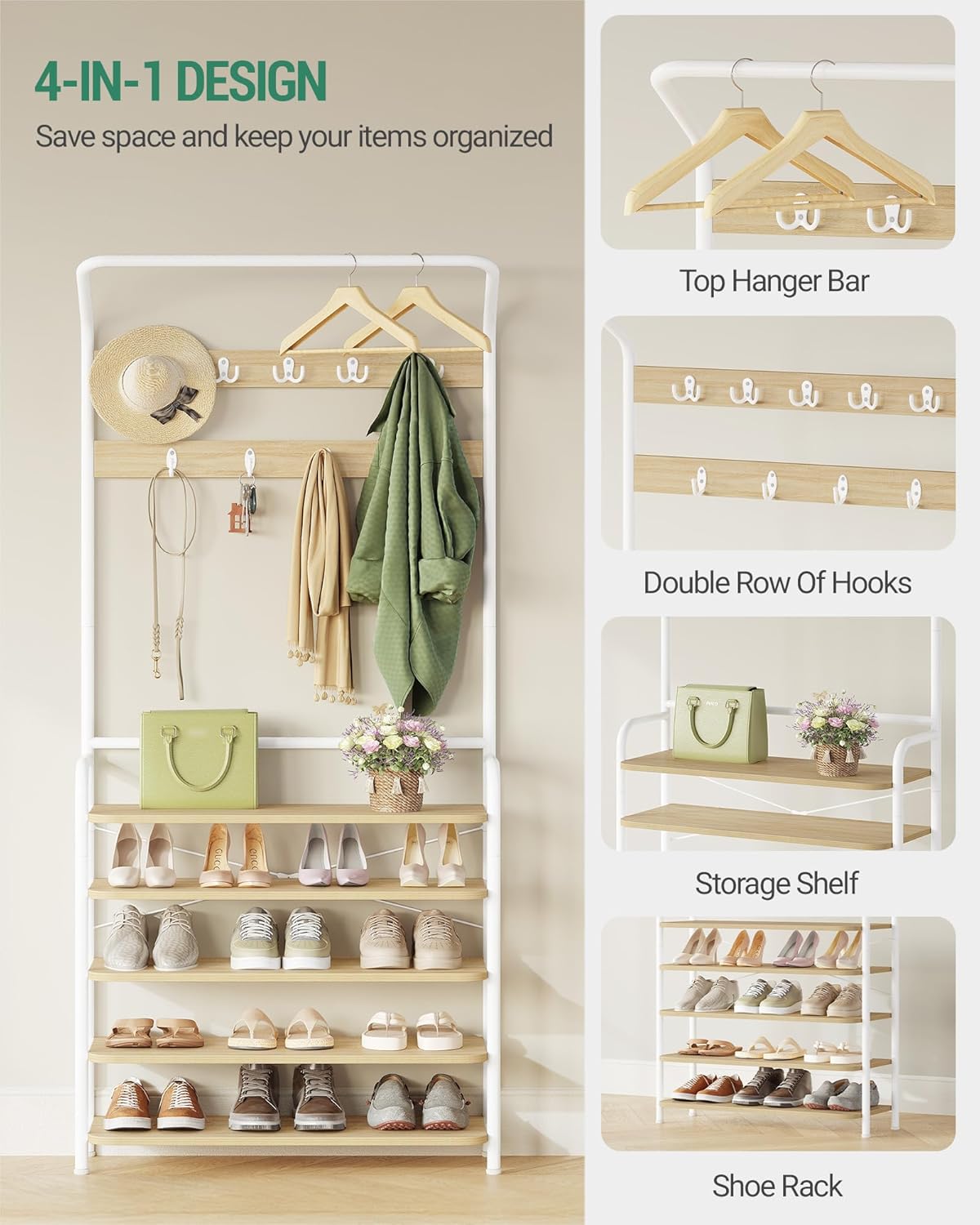 Thumbnail 3 de Hzuaneri Meuble d’Entrée HT19016W : porte-manteau avec porte-chaussures et 9 crochets