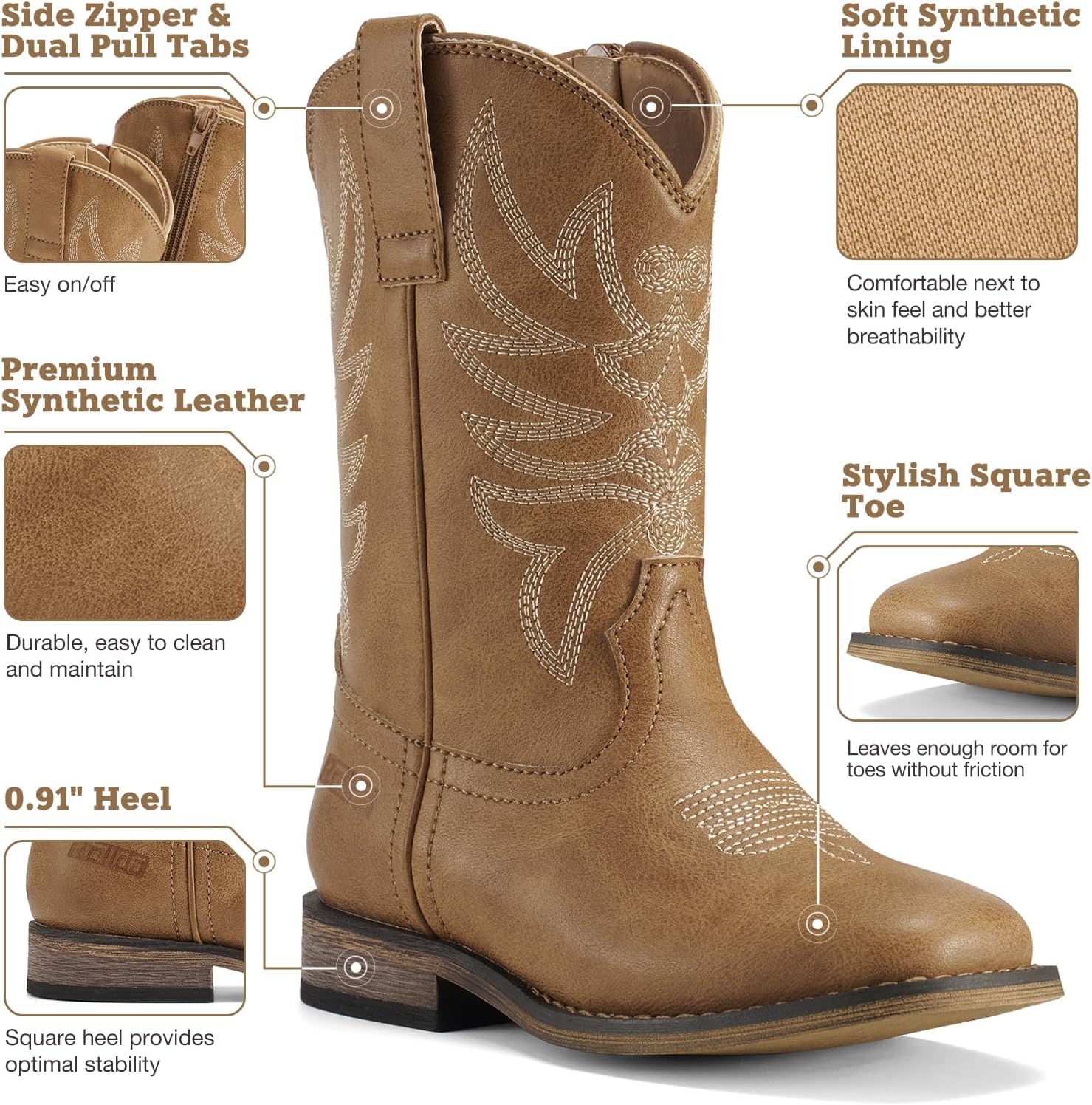 Thumbnail 3 de Rollda Kids Cowboy Boots for Boys & Girls: Western Square Toe with Easy Zip & Walking Heel
