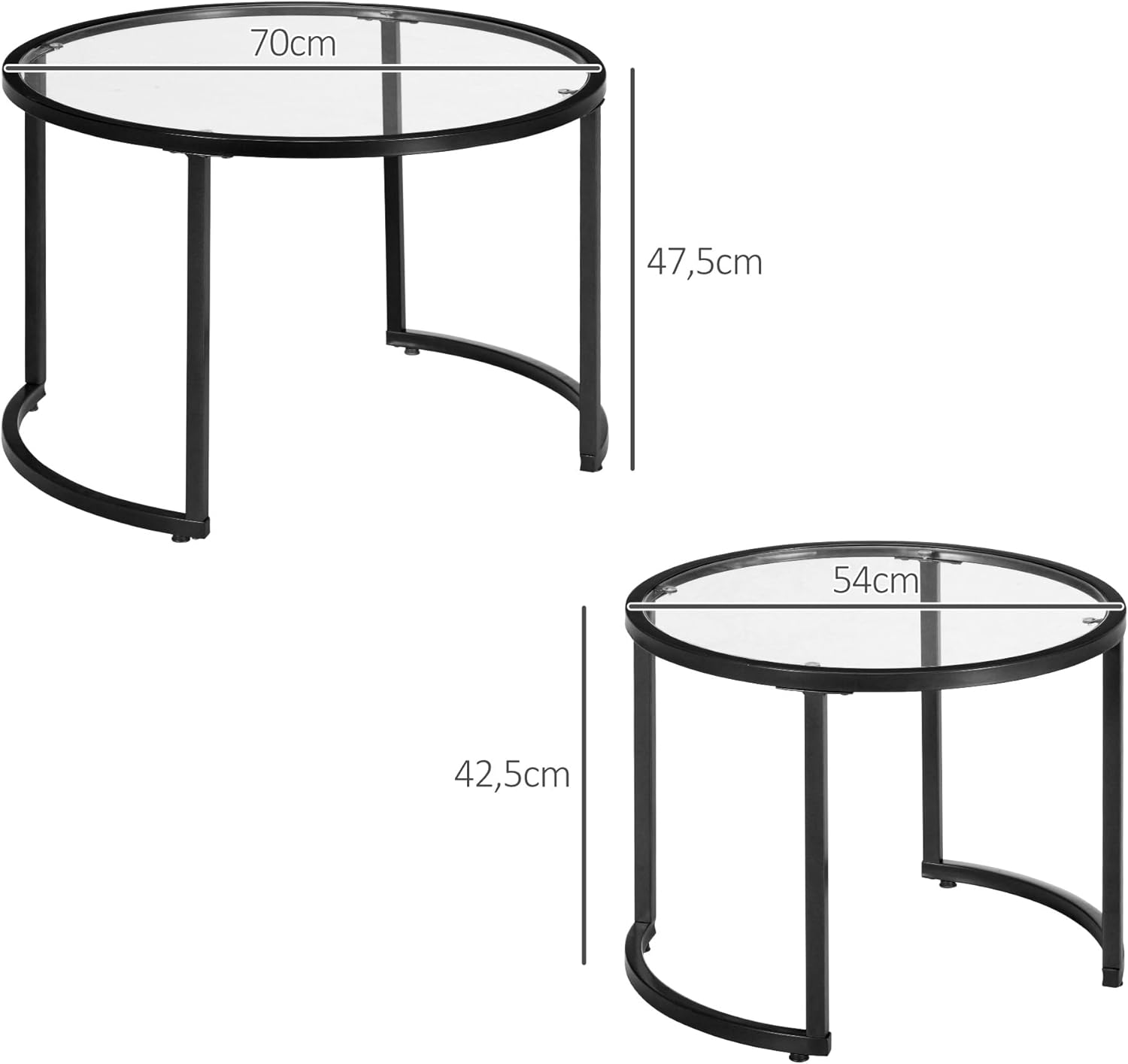 Thumbnail 2 de HOMCOM Lot de 2 Tables Basses gigognes rondes 70/54 cm — Plateau verre trempé et pied en acier au carbone noir