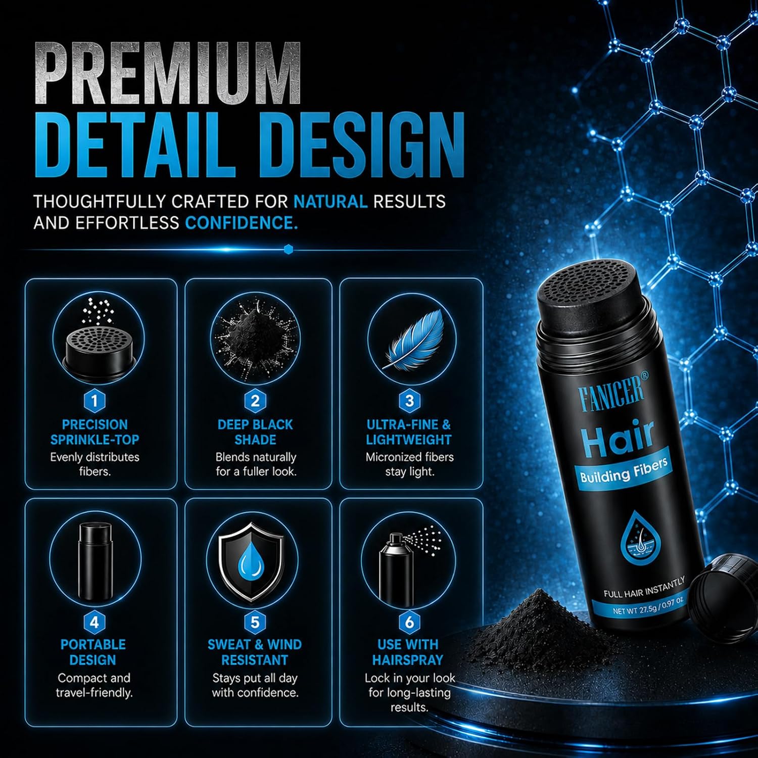 Detalle 2 de Fibres Capillaires Densifiantes, Poudre De Coiffage – Noir