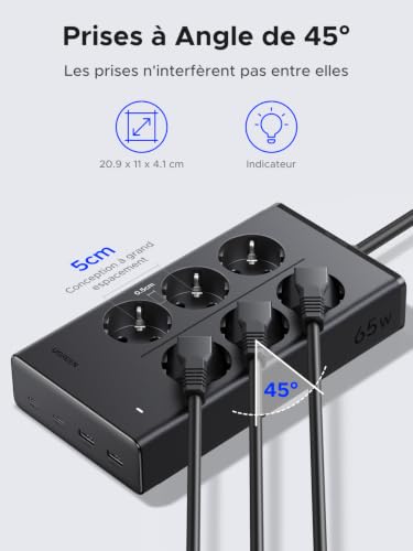 Detalle de UGREEN 10 en 1 Multiprise PD 65W USB-C (6 prises AC) + 2 USB-C + 2 USB-A