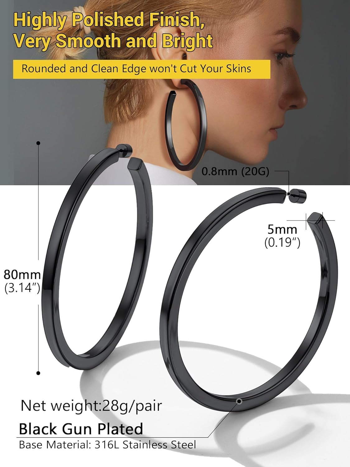 Thumbnail 4 de PROSTEEL Demies créoles ouvertes femme en acier inoxydable 316L, plaqué or ou noir (20–80 mm)
