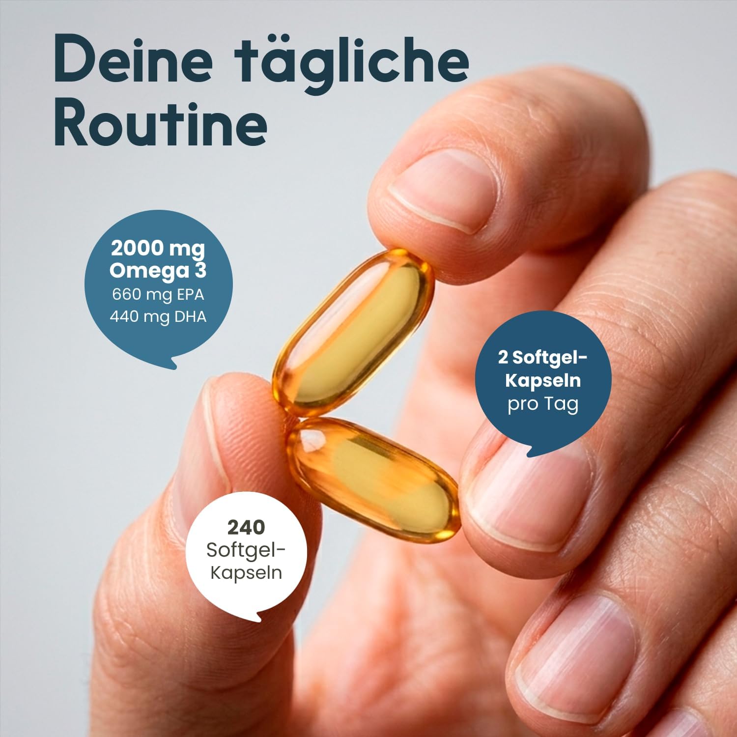 Detalle de Omega-3 Kapseln hochdosiert 2000 mg Fischöl – 240 Softgel-Kapseln mit 660 mg EPA und 440 mg DHA, hergestellt in Deutschland