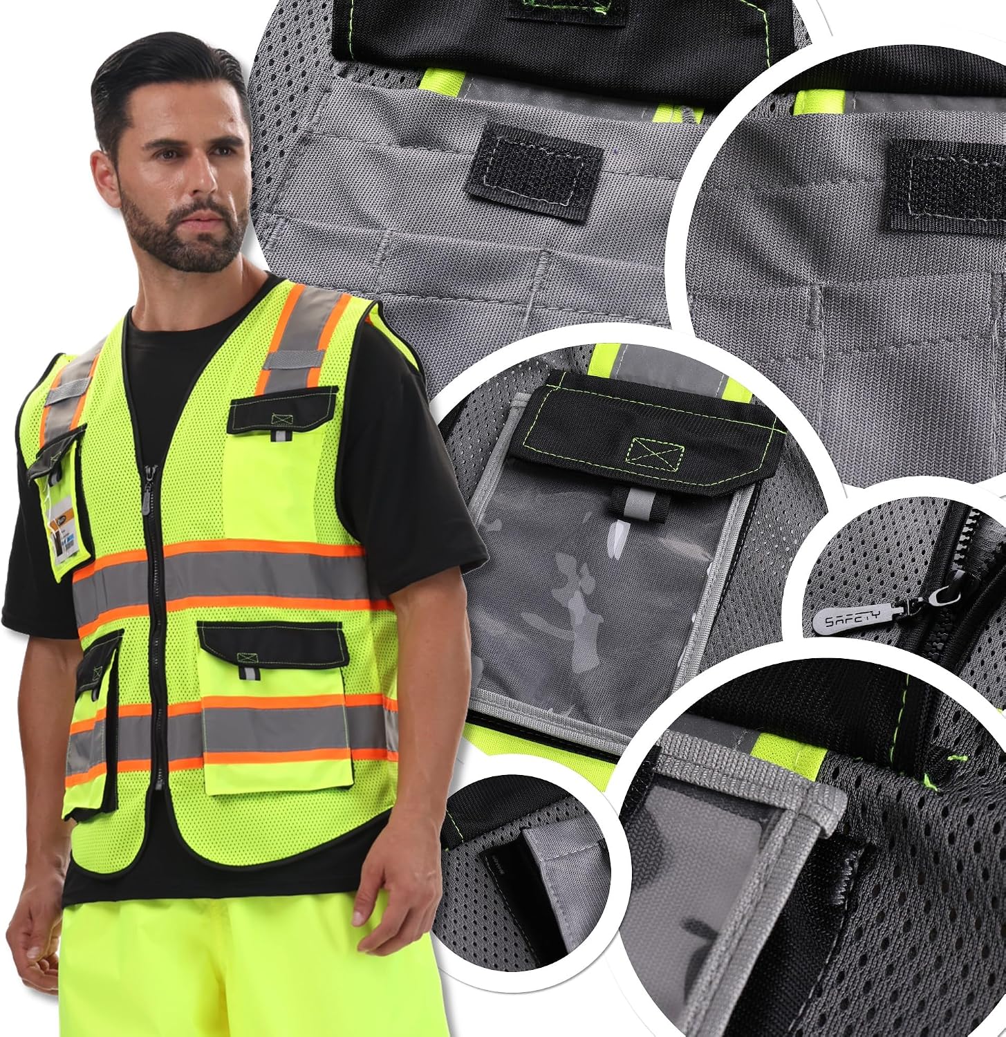 Detalle de JKSafety JK220 Safety Vest, Gray 4XL, Reflective Mesh with 4 Strips