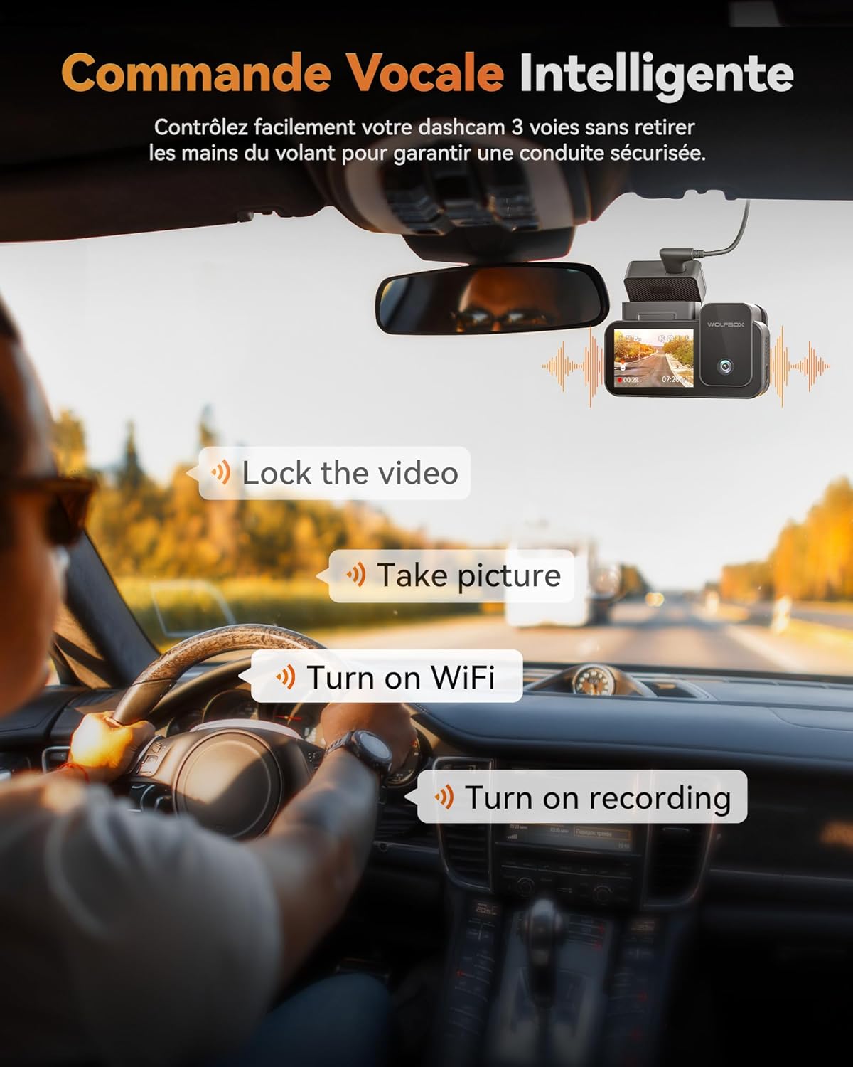 Thumbnail 6 de WOLFBOX Starvis 2 IMX678 (X5) – Caméra de voiture 3 canaux 4K+2,5K+1080P avec GPS, Wi‑Fi 5,8 GHz et commande vocale