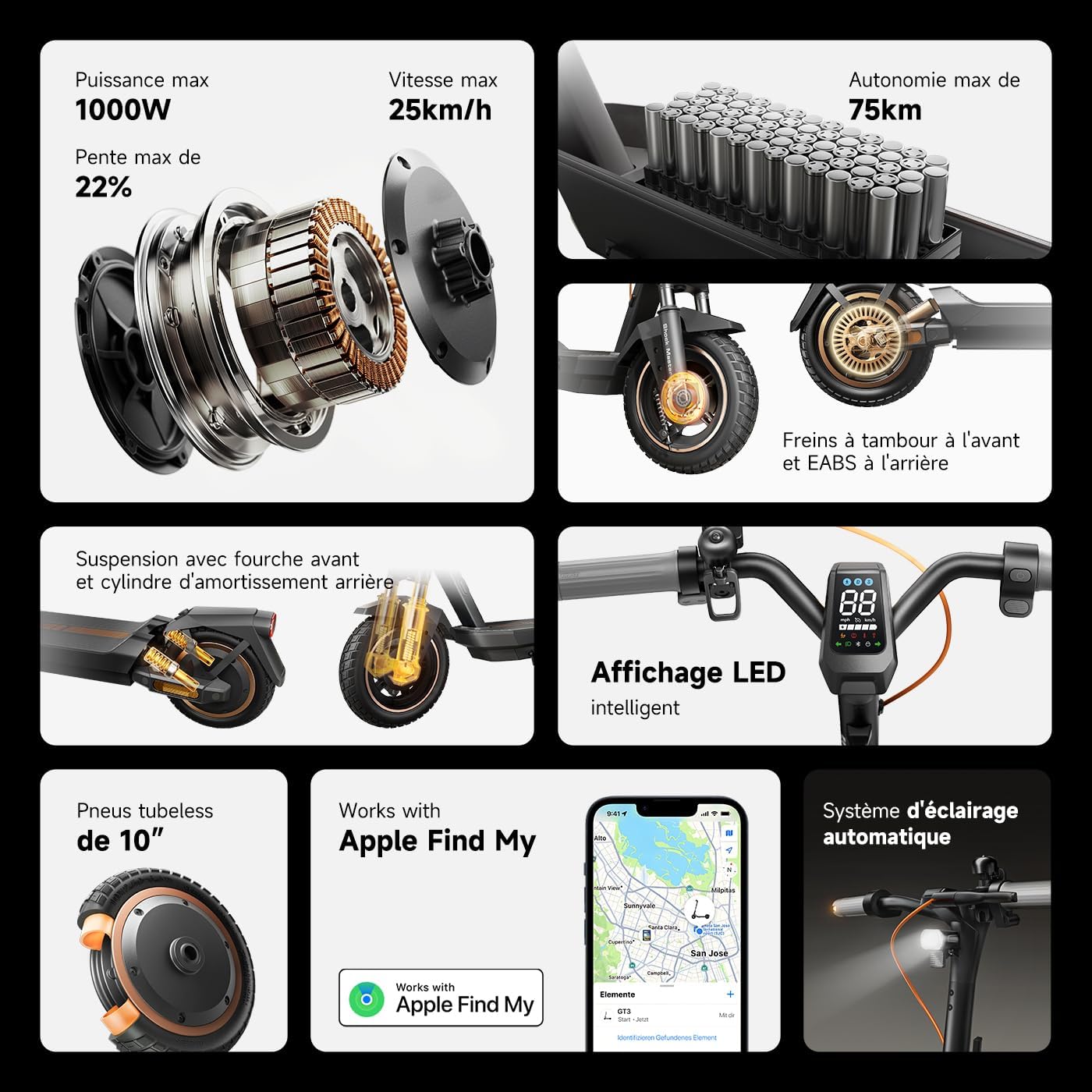 Detalle de NAVEE GT3 – Trottinette électrique adulte jusqu’à 75 km, moteur 700 W/1000 W et Apple Find My