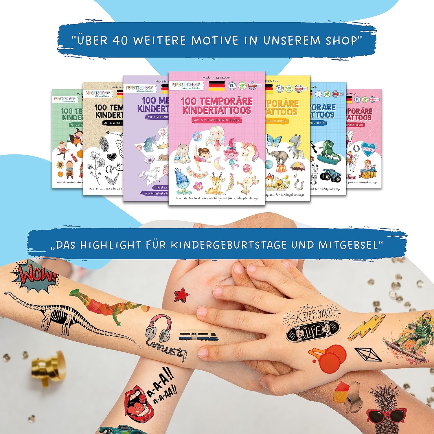 Detalle de Papierdrachen 100 Papierdrachen Hautfreundliche Kindertattoos zum Aufkleben (vegan, geprüft) – 6 Bögen