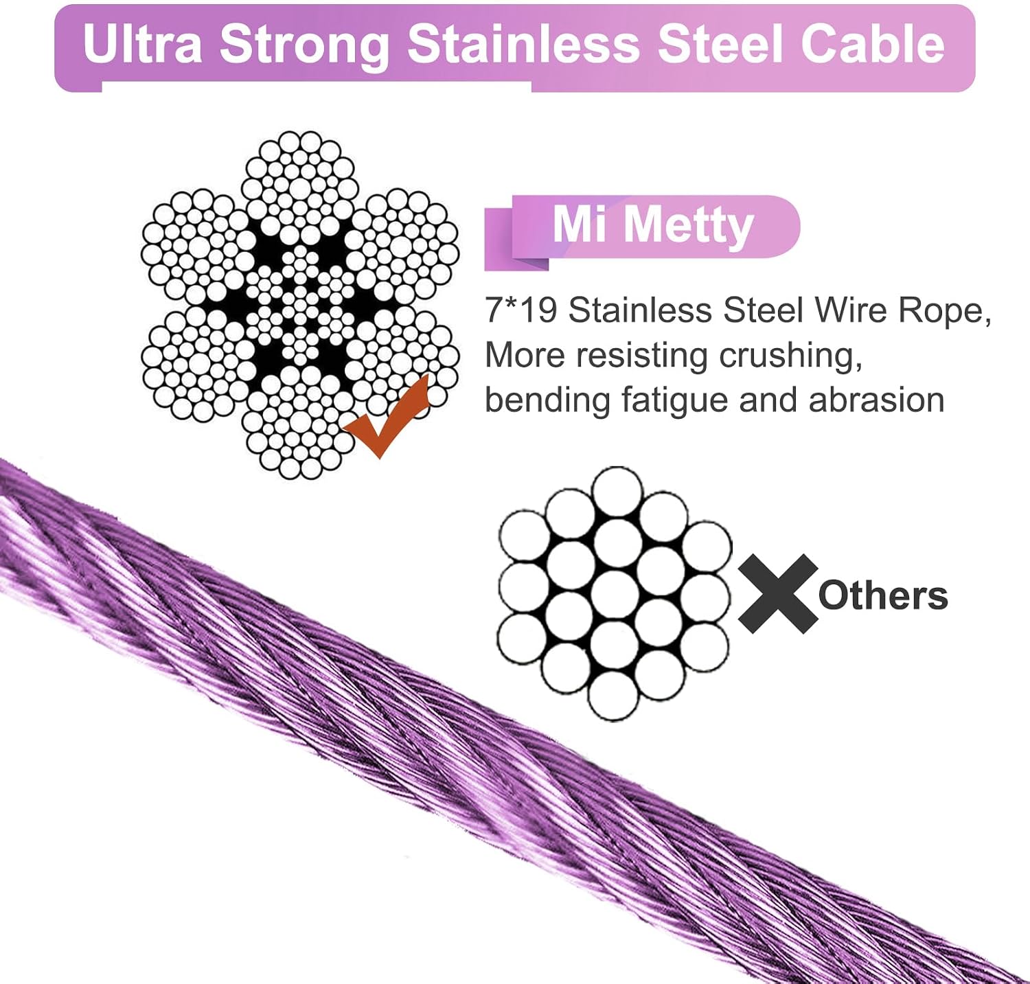 Detalle 2 de Mi Metty Dog Tie Out Cable (Chew Proof) – Heavy-Duty Runner Lead for Large Dogs up to 125lbs, 10ft purple