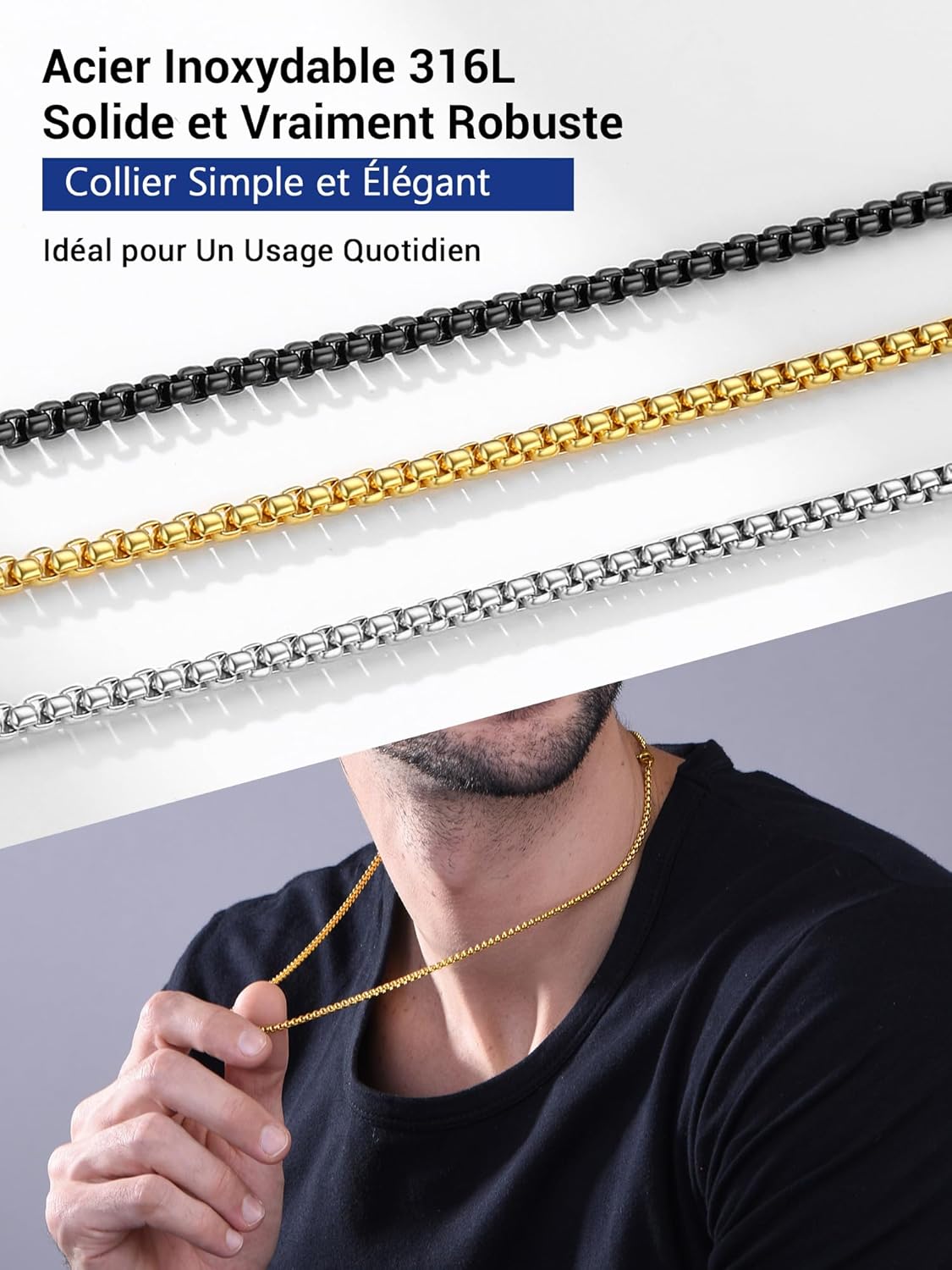 Thumbnail 6 de PROSTEEL Chaîne collier homme maille vénitienne arrondie 3 mm acier inoxydable plaqué or / métal noir