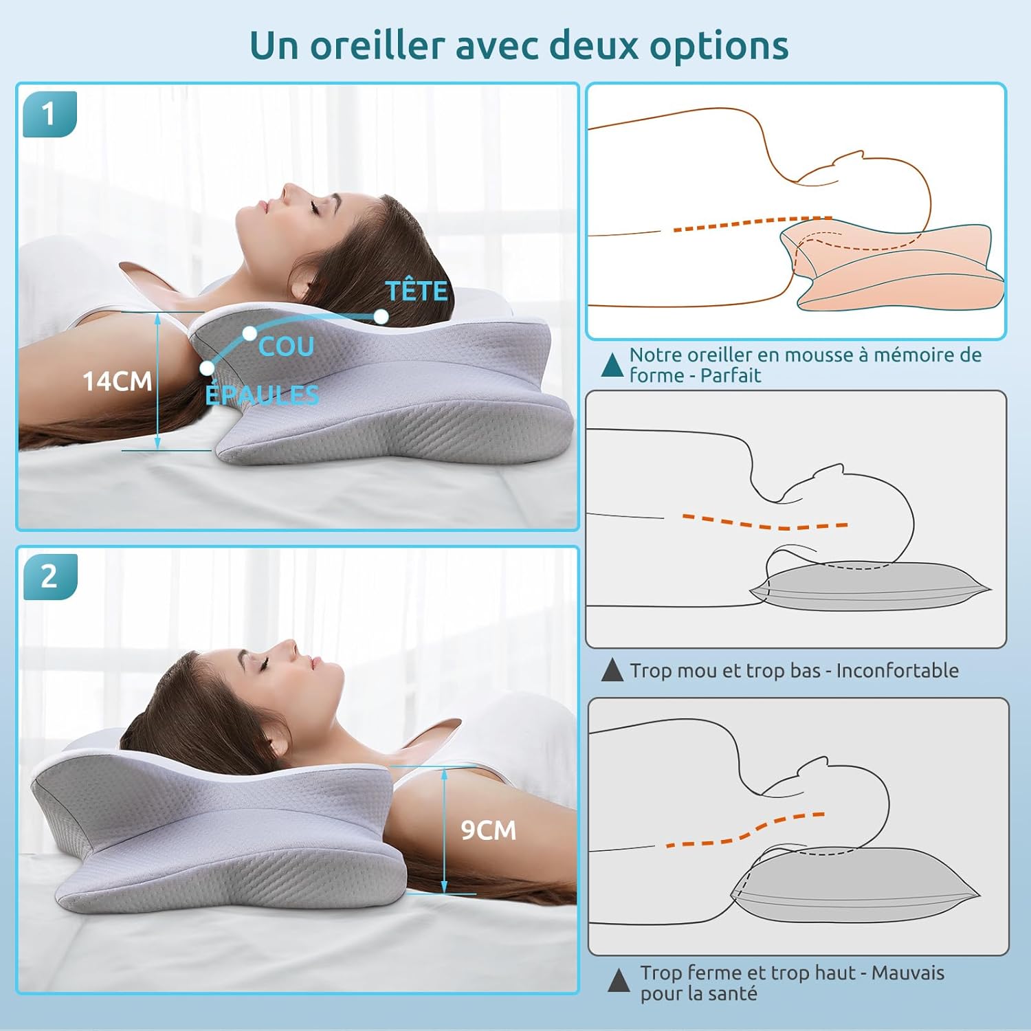 Thumbnail 1 de DONAMA Oreiller Ergonomique Cervical en Mousse à Mémoire CertiPUR-US – 9 et 14 cm, avec Taie d’oreiller respirante