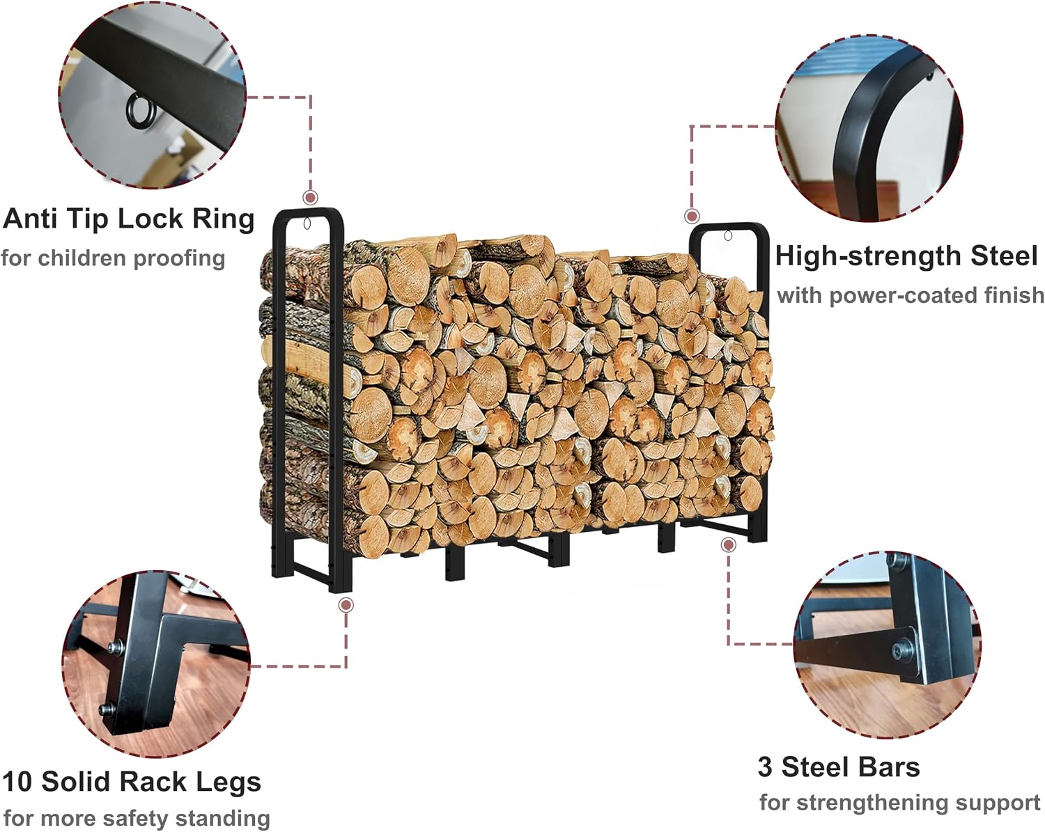 Detalle de Artibear 8ft Firewood Rack, Matte Black Tubular Steel Log Holder