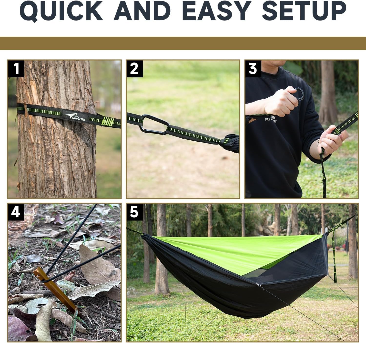Detalle 2 de Travel Bird Camping Hammock with Mosquito Net, Sunshade & Ridge Rope — 290 x 140 cm