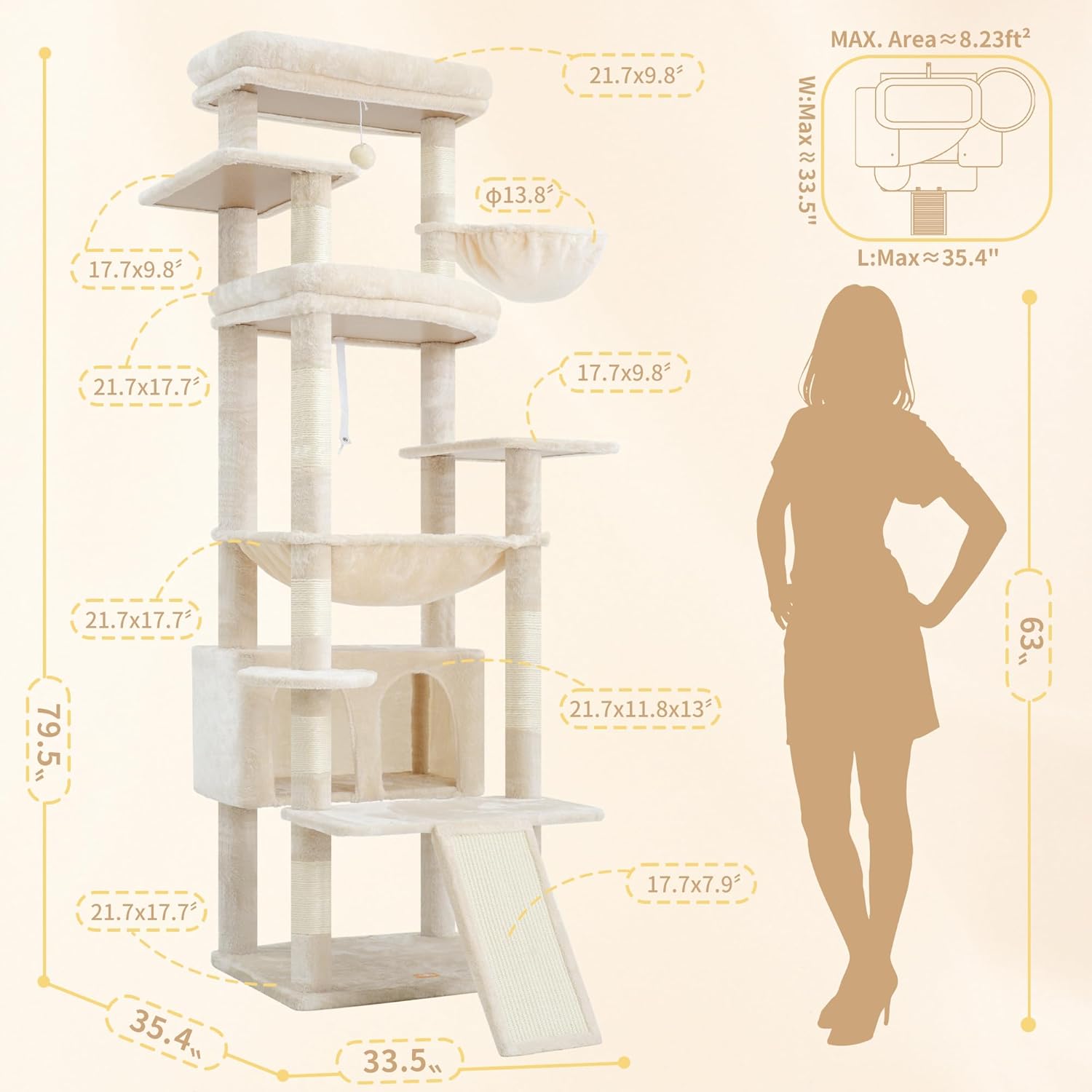 Detalle de Heybly Tall Cat Tree for Large Cats (202 cm) – Multi-Level Indoor Cat Tower with Large Baseboard, Two Plush Top Perches and Big Condo