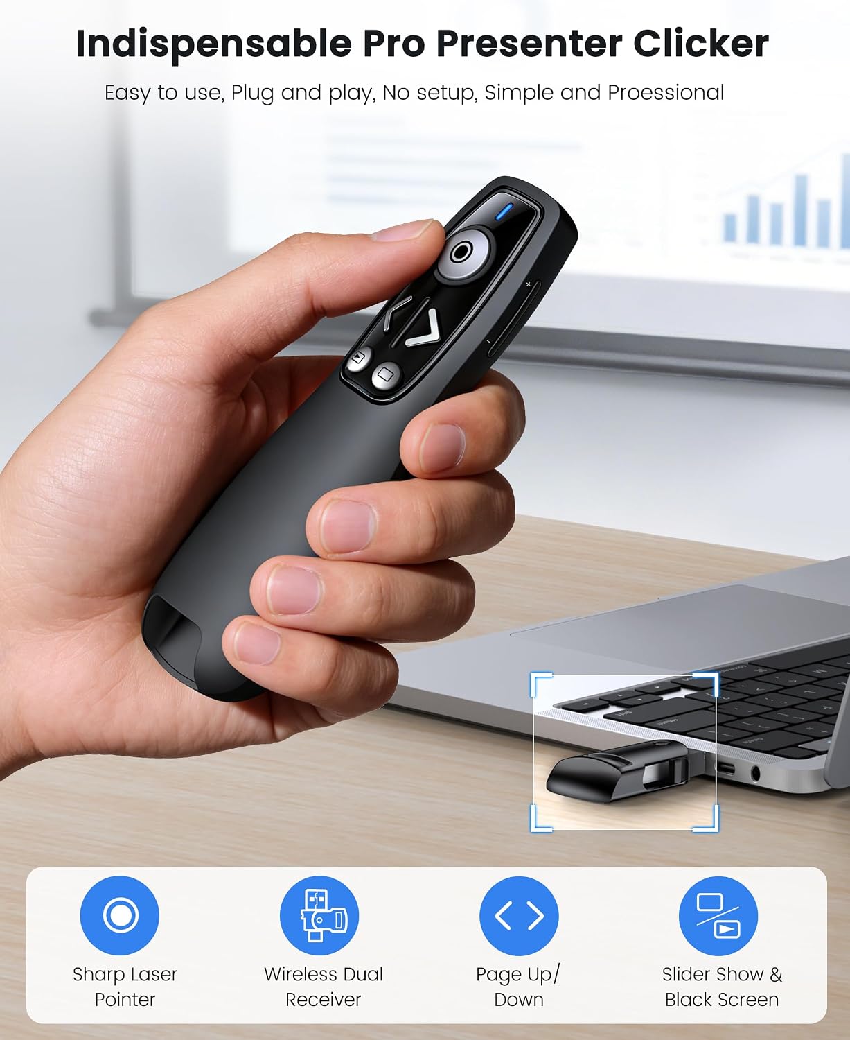 Detalle de ELISWEEN Wireless Presentation Clicker with USB-A/USB-C Receiver, Red Pointer