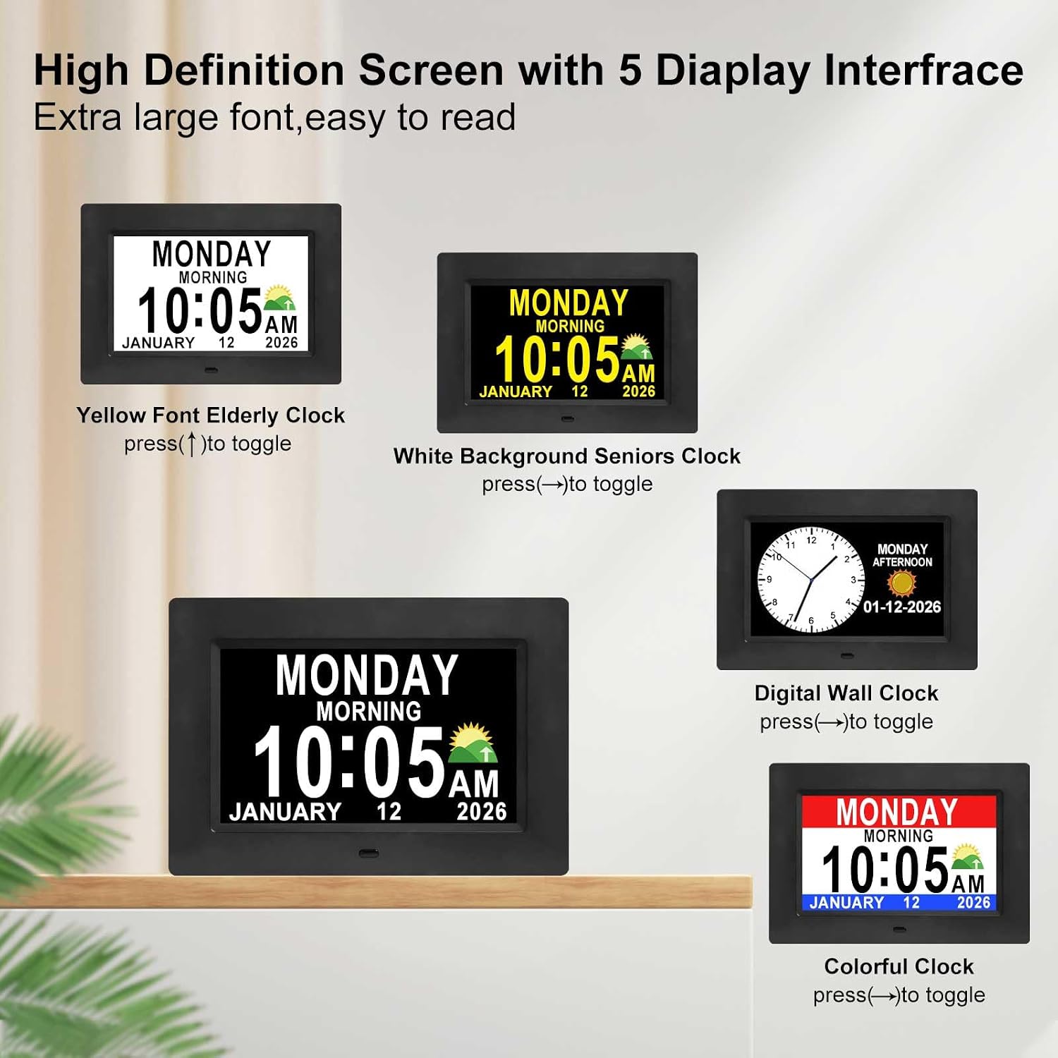 Thumbnail 6 de Jaihonda Black 10-Inch Digital Dementia Clock with Alarms and Auto-Dimming