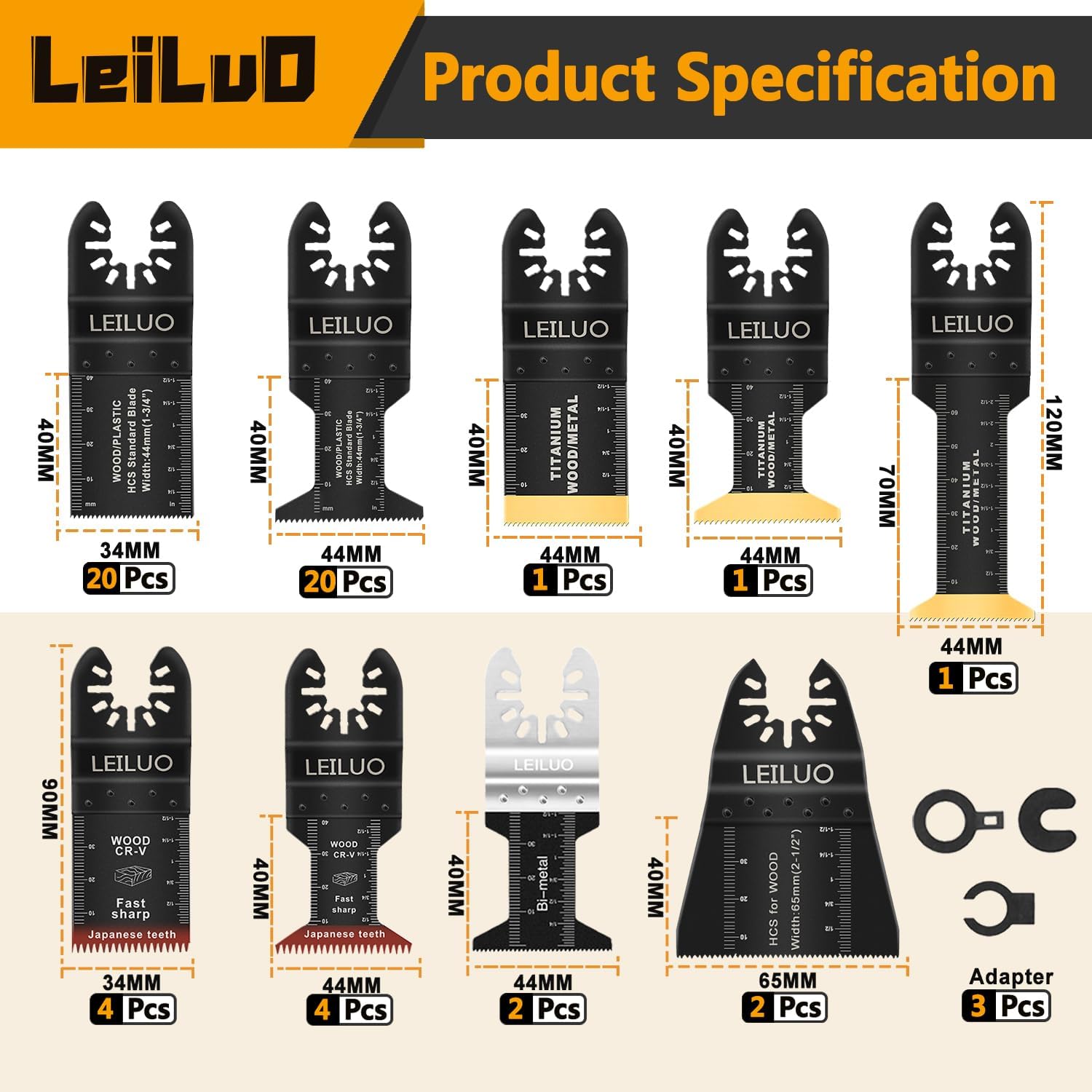 Thumbnail 2 de LEILUO 55-Stück Multitool Sägeblatt-Set mit Titan- und japanischen Zähnen – kompatibel mit DeWalt, Makita, Ryobi