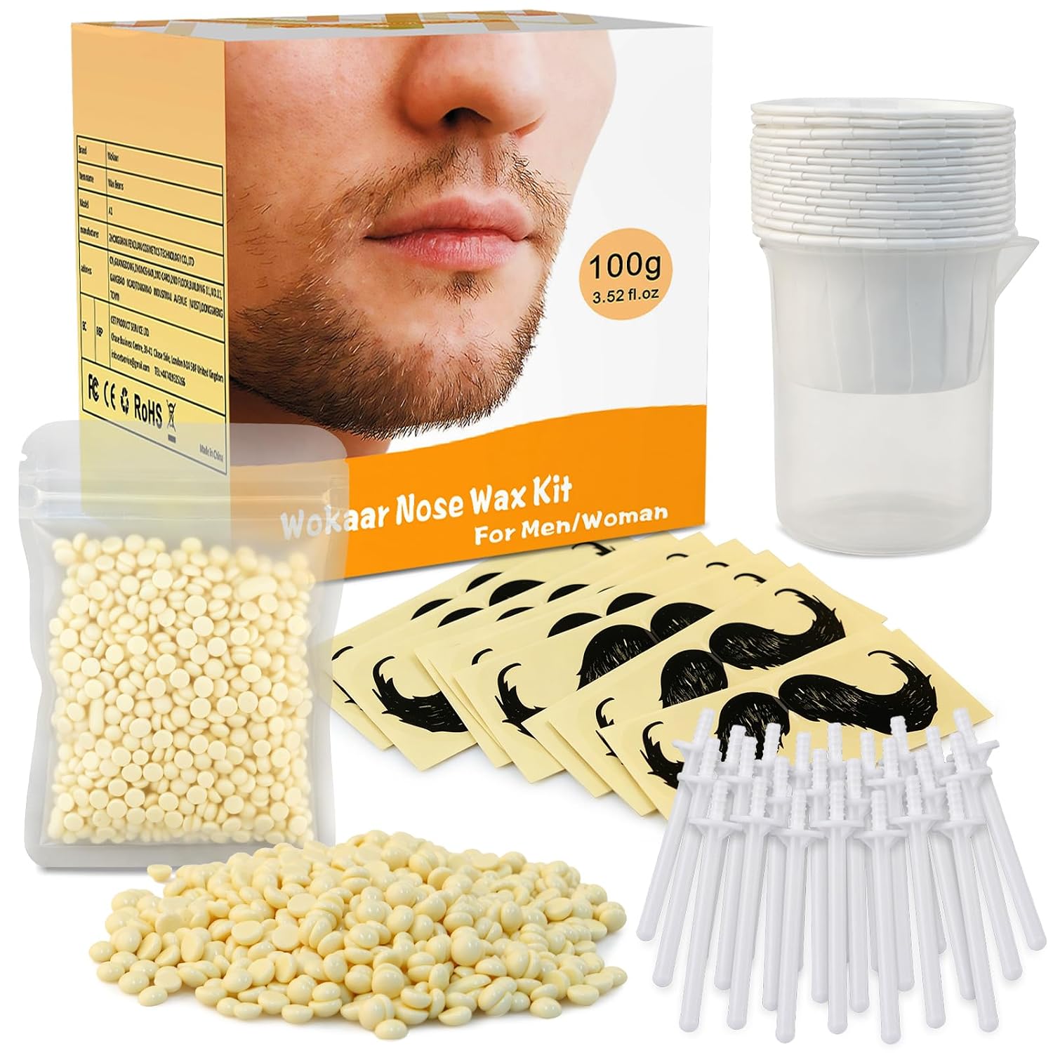 Wokaar Nose Wax Kit for Men & Women (Nose & Ear Hair Removal) | 100g Wax + 30 Applicators