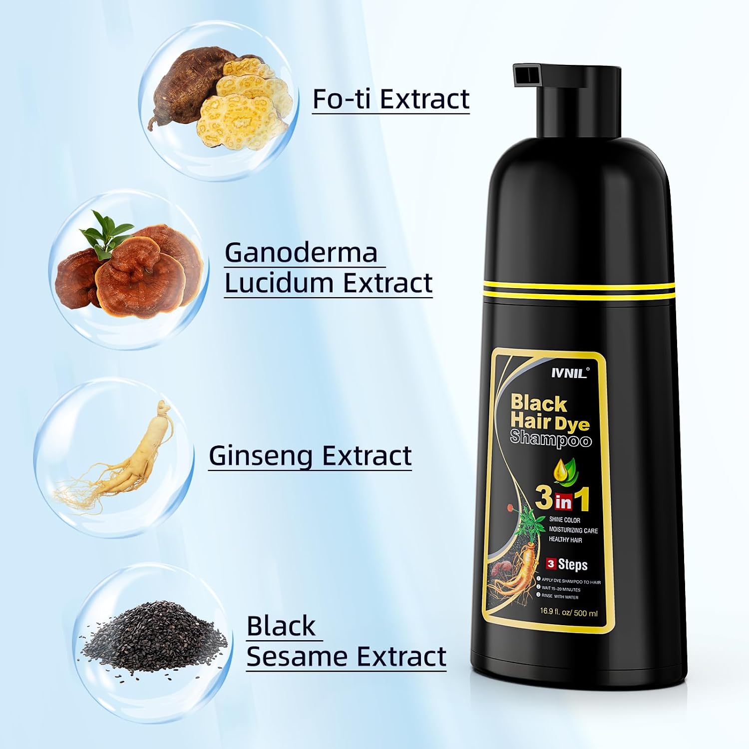 Detalle 2 de Black Hair Dye Shampoo Haarfarbe Schwarz 3in1 Shampoo