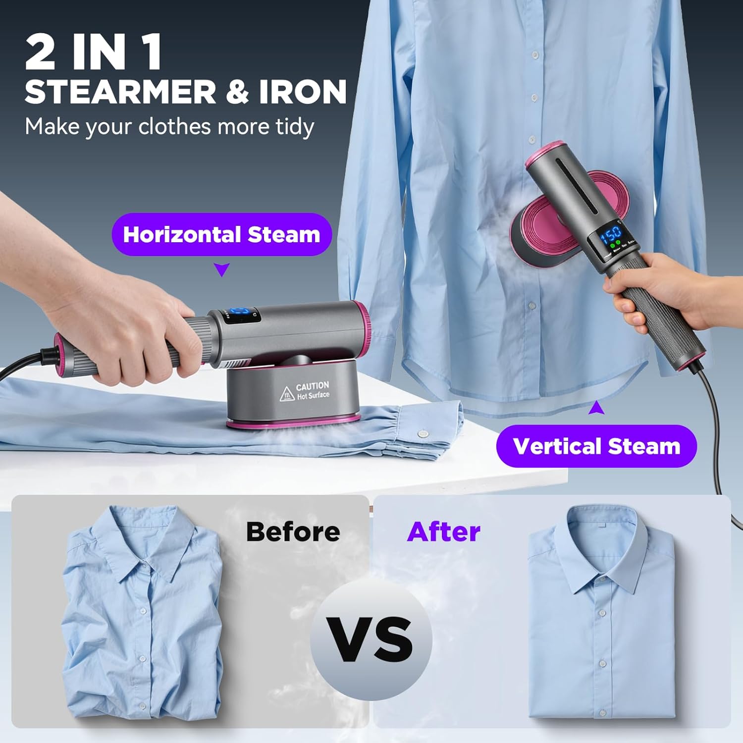 Thumbnail 2 de Travel Steamer for Clothes: 2-in-1 Steam Iron & Garment Steamer with 1200W Power