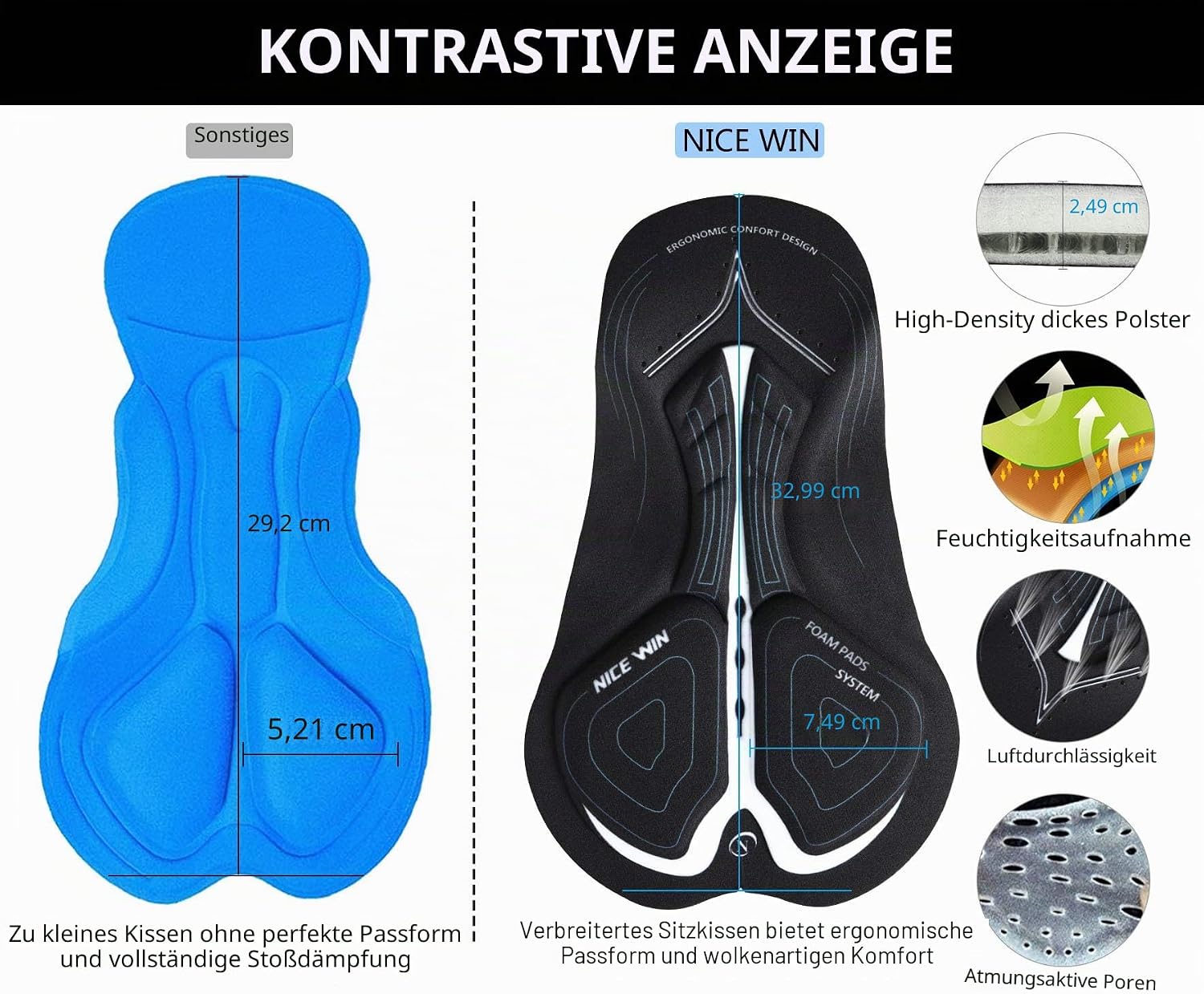 Detalle 1 de NICEWIN gepolsterte Mountainbike-Shorts für Herren mit 6D-Polster, atmungsaktiv und Taschen
